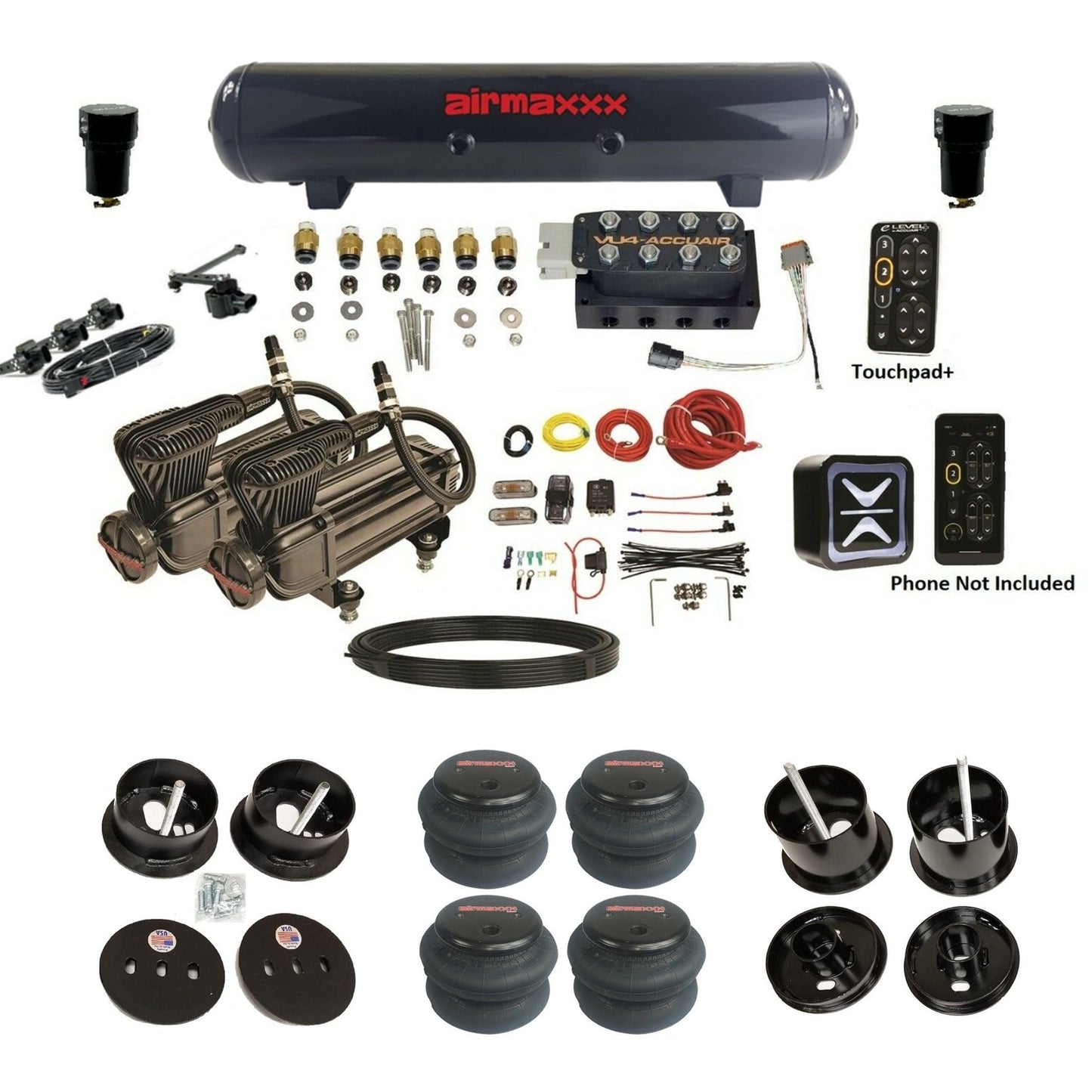 AccuAir e-Level+ Height+ VU4 dual x-series compressors steel tank 2600 bags air ride kit for 1961–1962 Cadillac K-CAD6162-X2B-57S-VU4-E_HT