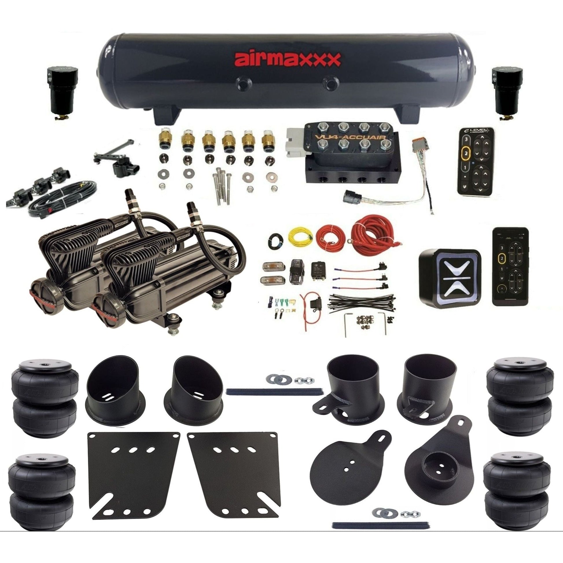 AccuAir e-Level+ Height+ VU4 dual x-series compressors steel tank airlift bags air kit for 1958–1964 Chevy Impala KIMP58-XB2-57S-VU4EHT-WK-HFD25