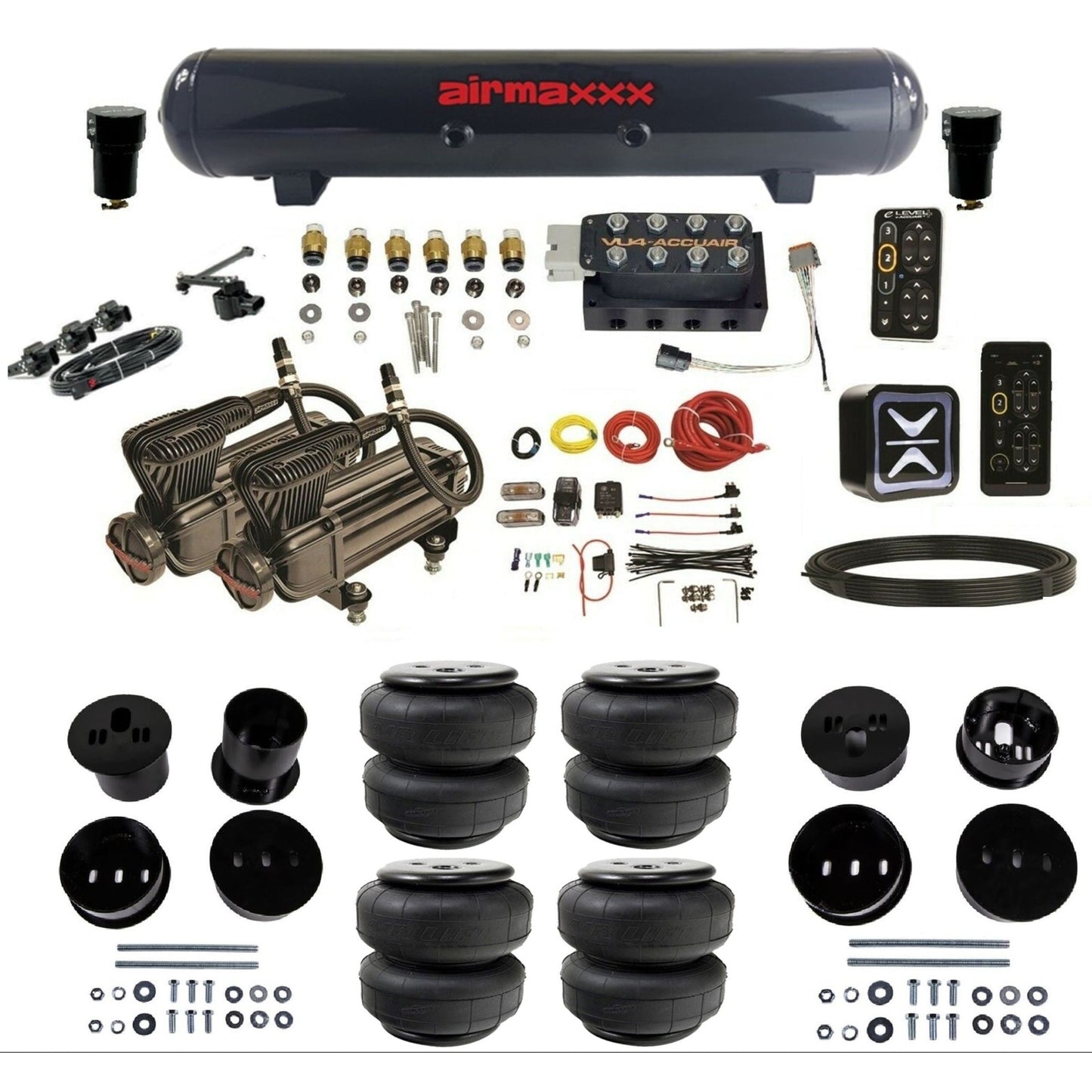 AccuAir e-Level+ Height+ VU4 dual x-series compressors steel tank airlift bags air management kit for 1958–1960 Cadillac KCAD58-X2B-57S-VU4EHT-WK-HFD25