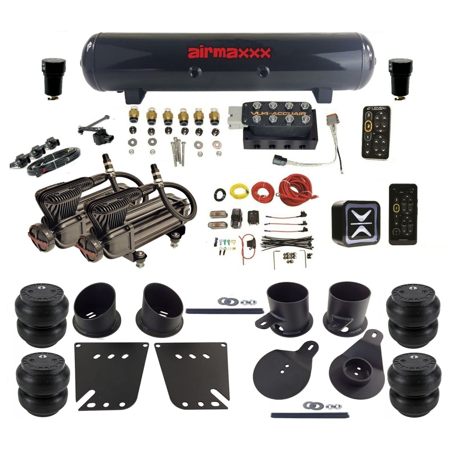 AccuAir e-Level+ Height+ VU4 dual x-series compressors steel tank slam bags air kit for 1958–1964 Chevy Impala KIMP58-XB2-57S-VU4EHT-WK-HFSS7