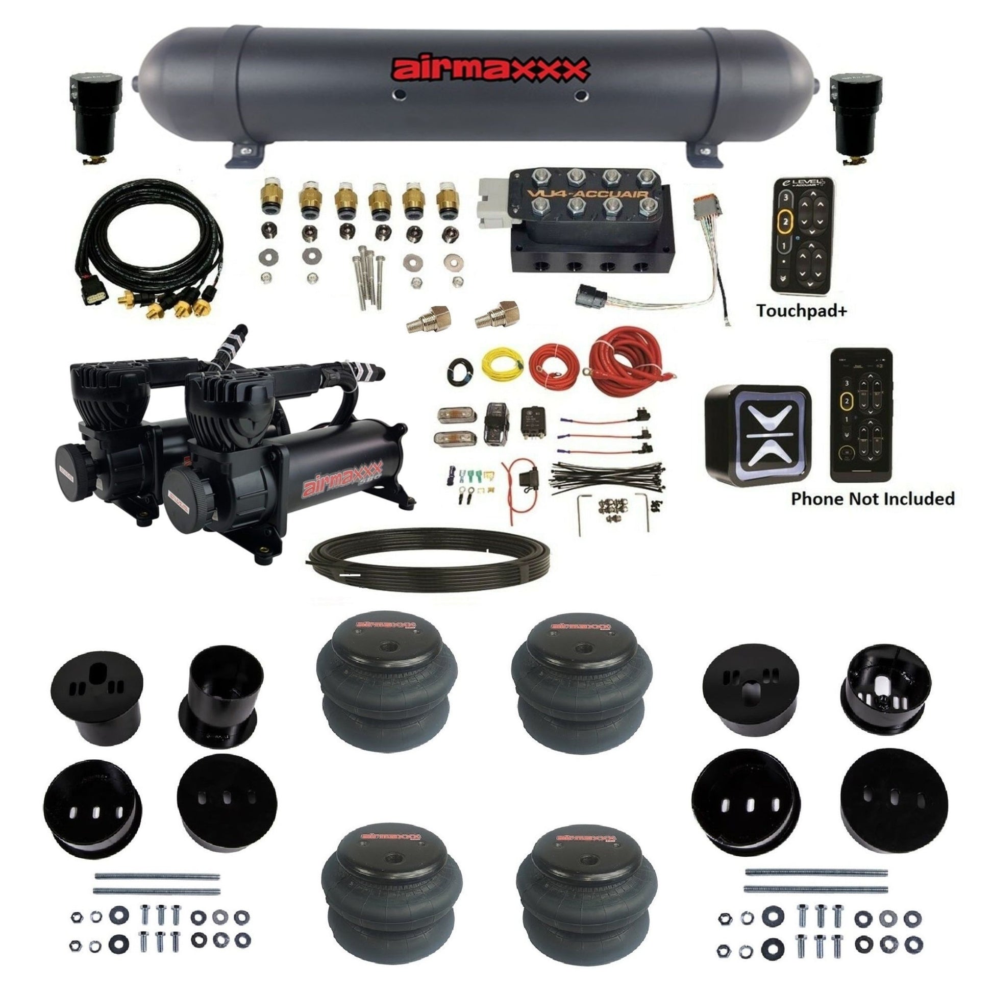 AccuAir e-Level+ Pressure VU4 dual 580 black compressors aluminum tank 2600 bags air kit for 1958–1960 Cadillac KCAD58-580B2-57ABK-VU4EPT-WK-HF