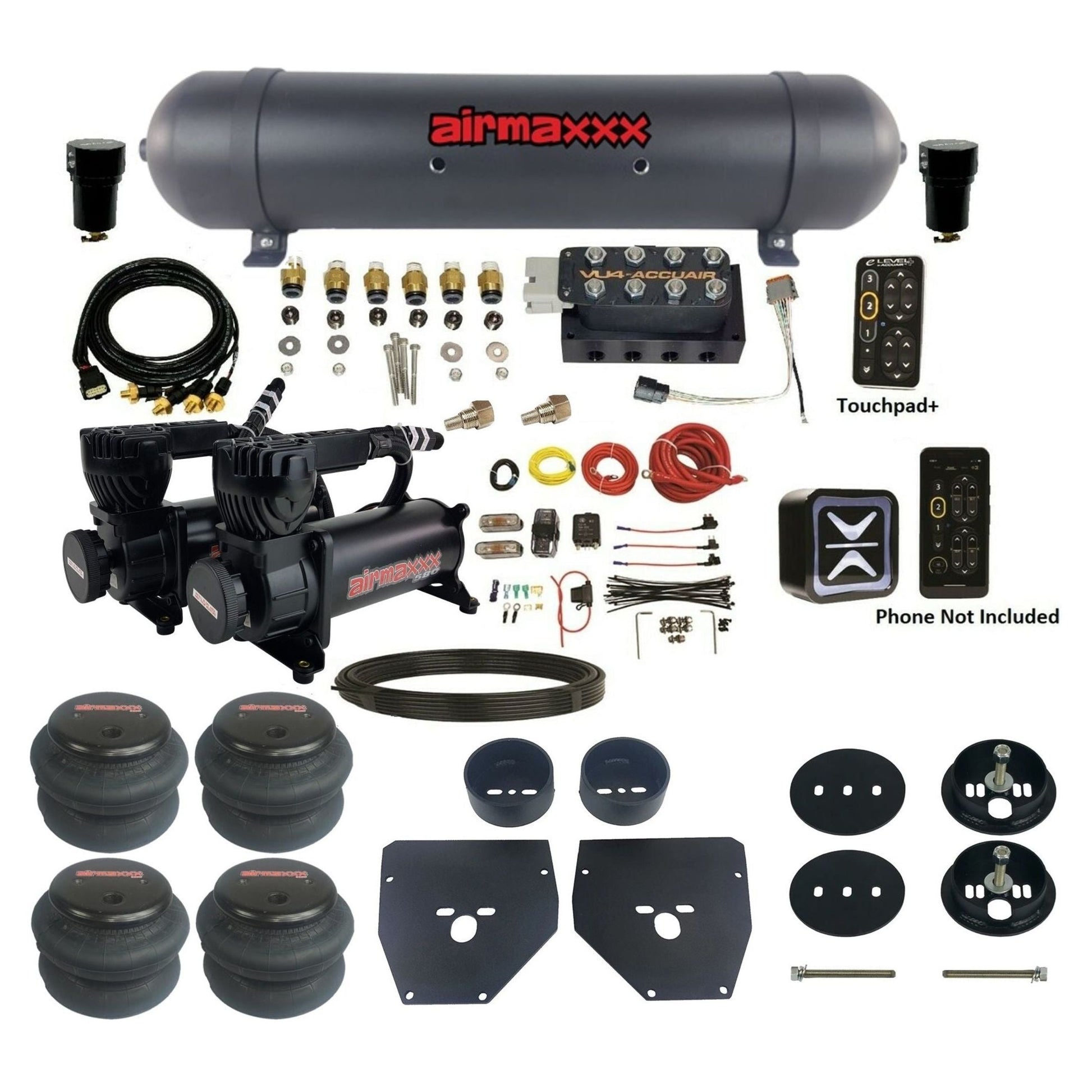 AccuAir e-Level+ Pressure VU4 dual 580 black compressors aluminum tank 2600 bags air kit for 1963–1972 Chevy C10 KC1063-580B2-57ABK-VU4EPT-WK-HF