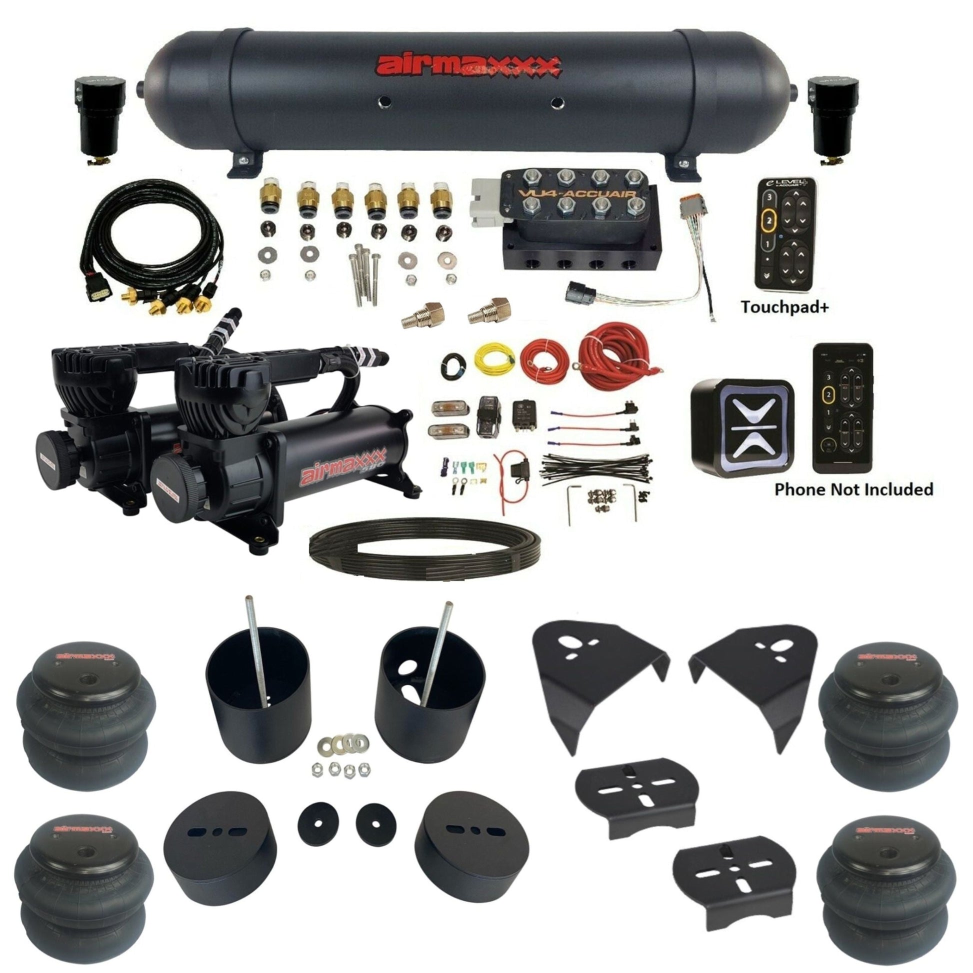 AccuAir e-Level+ Pressure VU4 dual 580 black compressors aluminum tank 2600 bags air kit for 1988–1998 Chevy Silverado 1500 KGM88-580B2-57ABK-LRHP-WK-HF 