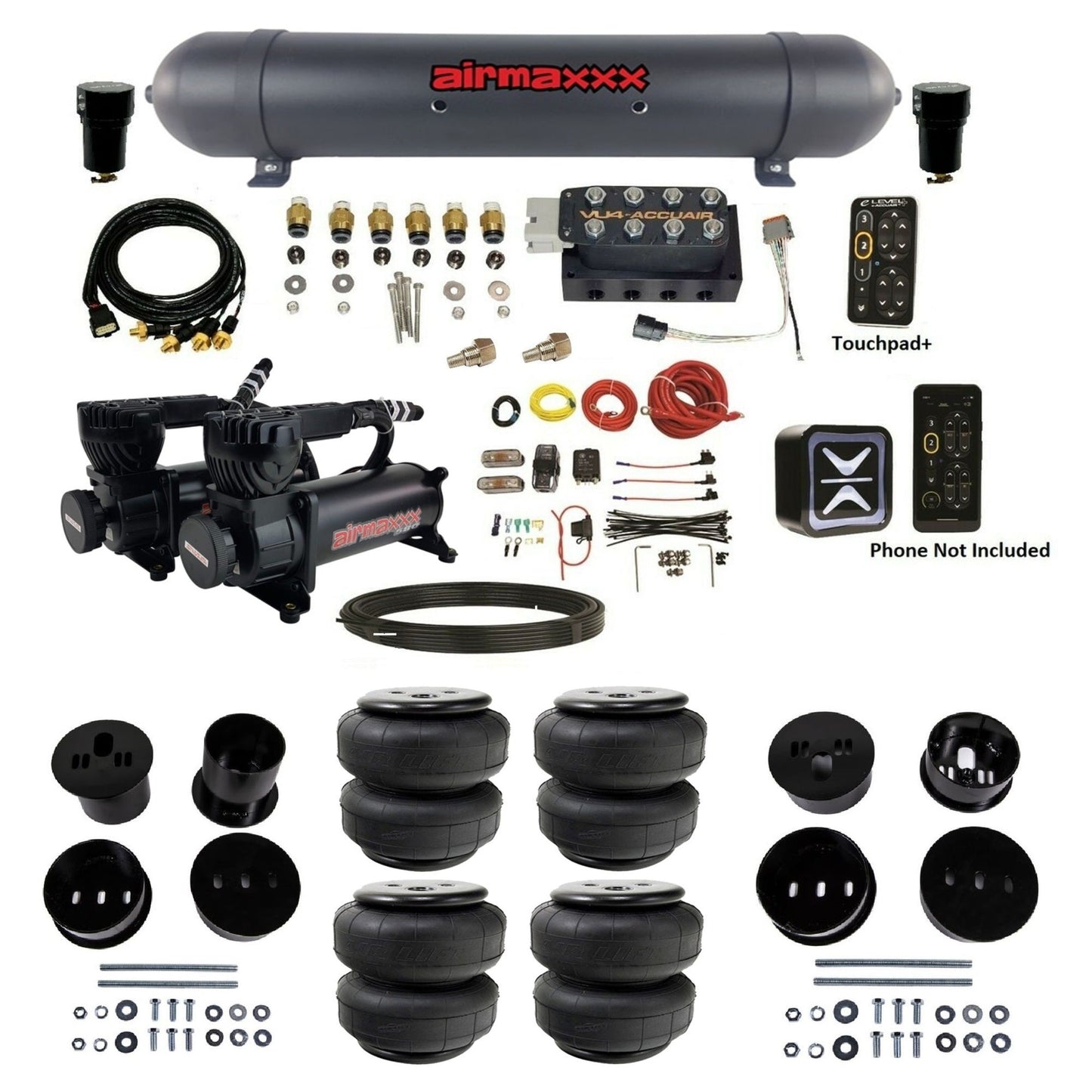 AccuAir e-Level+ Pressure VU4 dual 580 black compressors aluminum tank airlift bags air kit for 1958–1960 Cadillac KCAD58-580B2-57ABK-VU4EPT-WK-HFD25