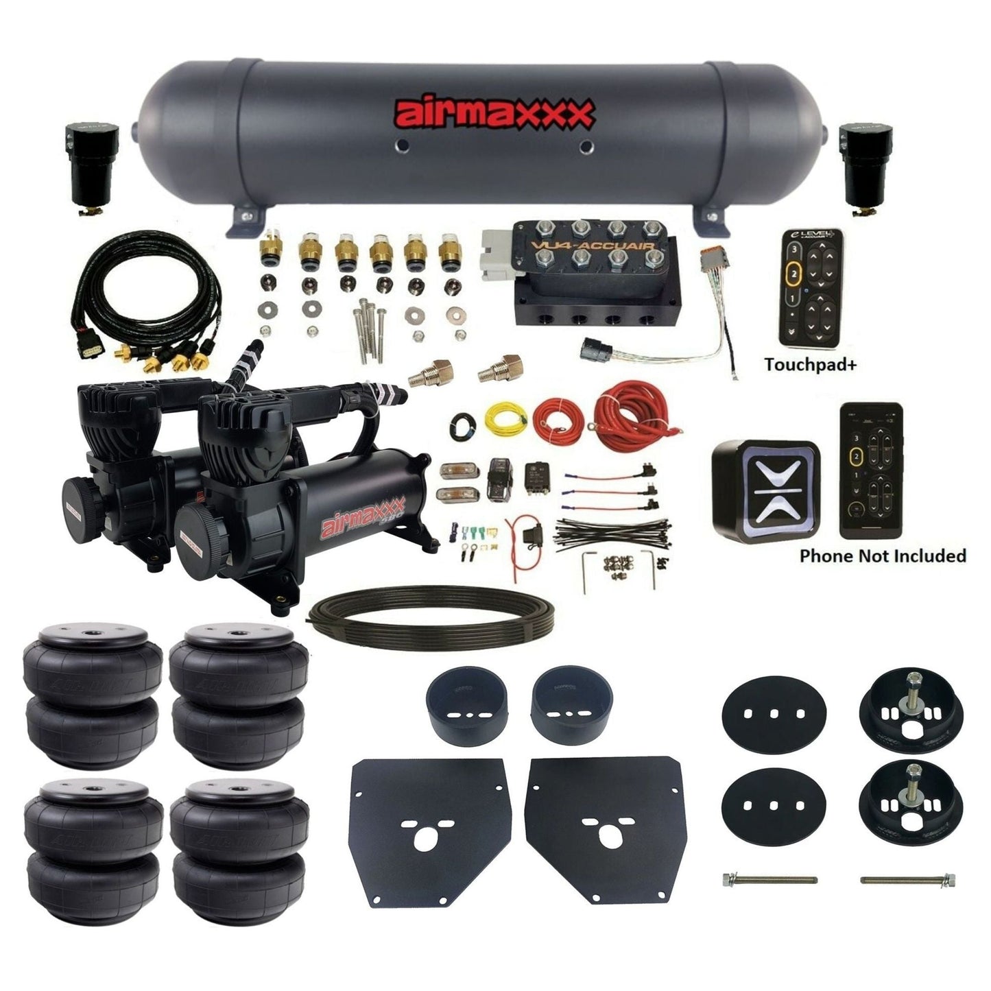 AccuAir e-Level+ Pressure VU4 dual 580 black compressors aluminum tank airlift bags air kit for 1963–1972 Chevy C10 KC1063-580B2-57ABK-VU4EPT-WK-HFD26