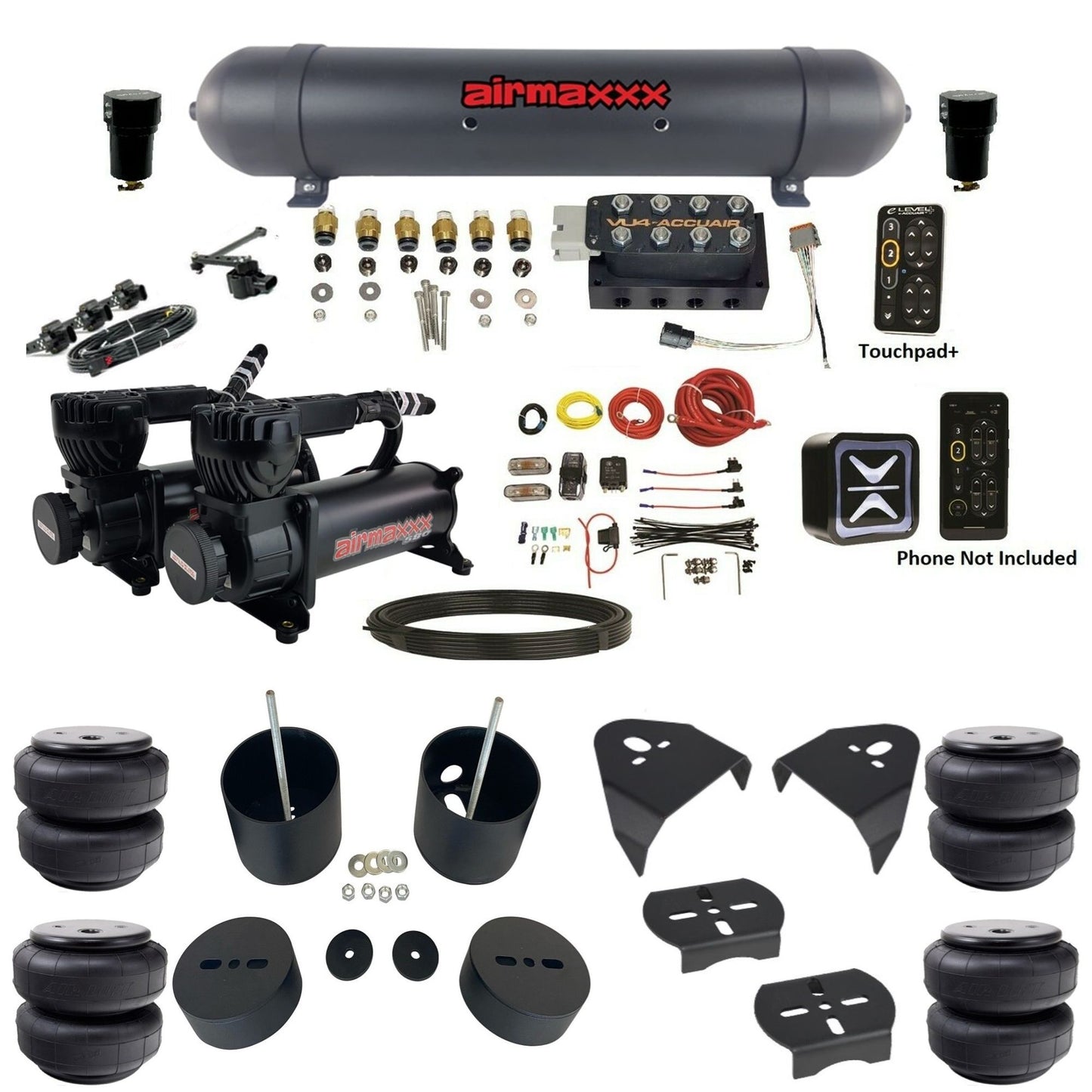 AccuAir e-Level+ Pressure VU4 dual 580 black compressors aluminum tank airlift bags air kit for 1999–2006 Chevy Silverado 1500 KGM99-580B2-57ABK-VU4EHT-WK-HFD26