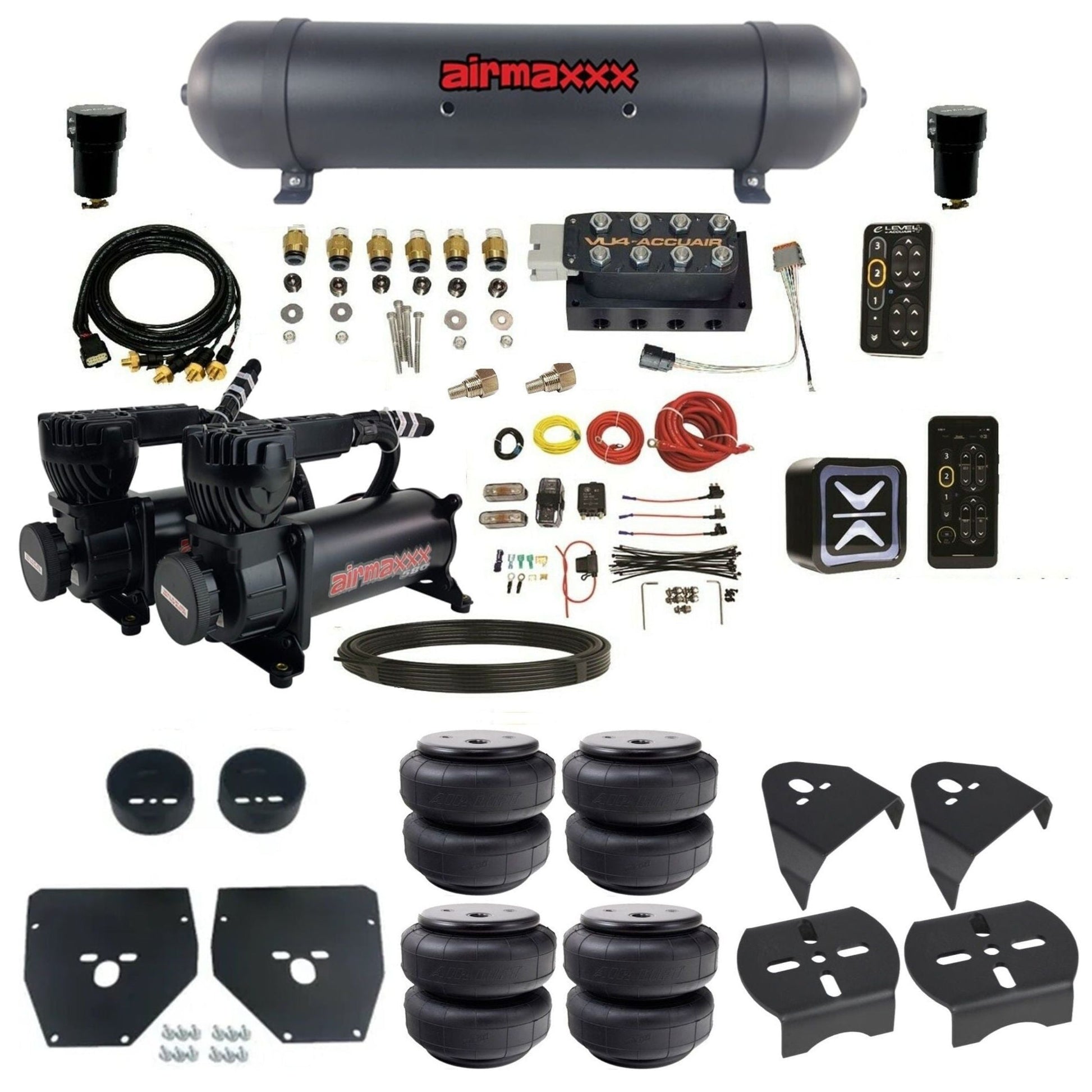 AccuAir e-Level+ Pressure VU4 dual 580 black compressors aluminum tank airlift bags air management kit for 1973–1987 C10 KC1073-580B2-57ABK-VU4EPT-WK-HFD26