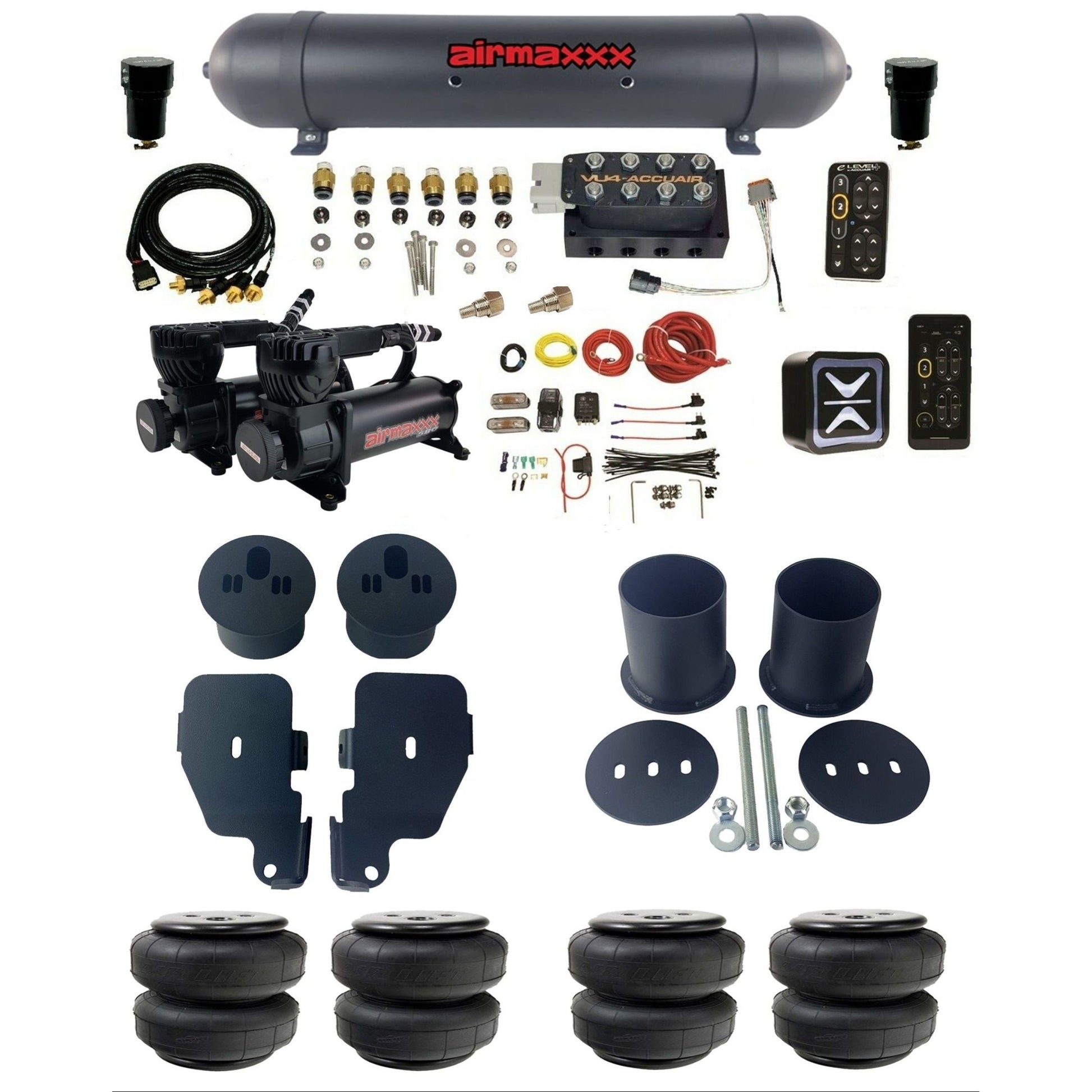 AccuAir e-Level+ Pressure VU4 dual 580 black compressors aluminum tank & airlift bags air ride kit for 1965–1970 Chevy Impala KIMP65-580B2-57ABK-VU4EPT-WK-HFD25 