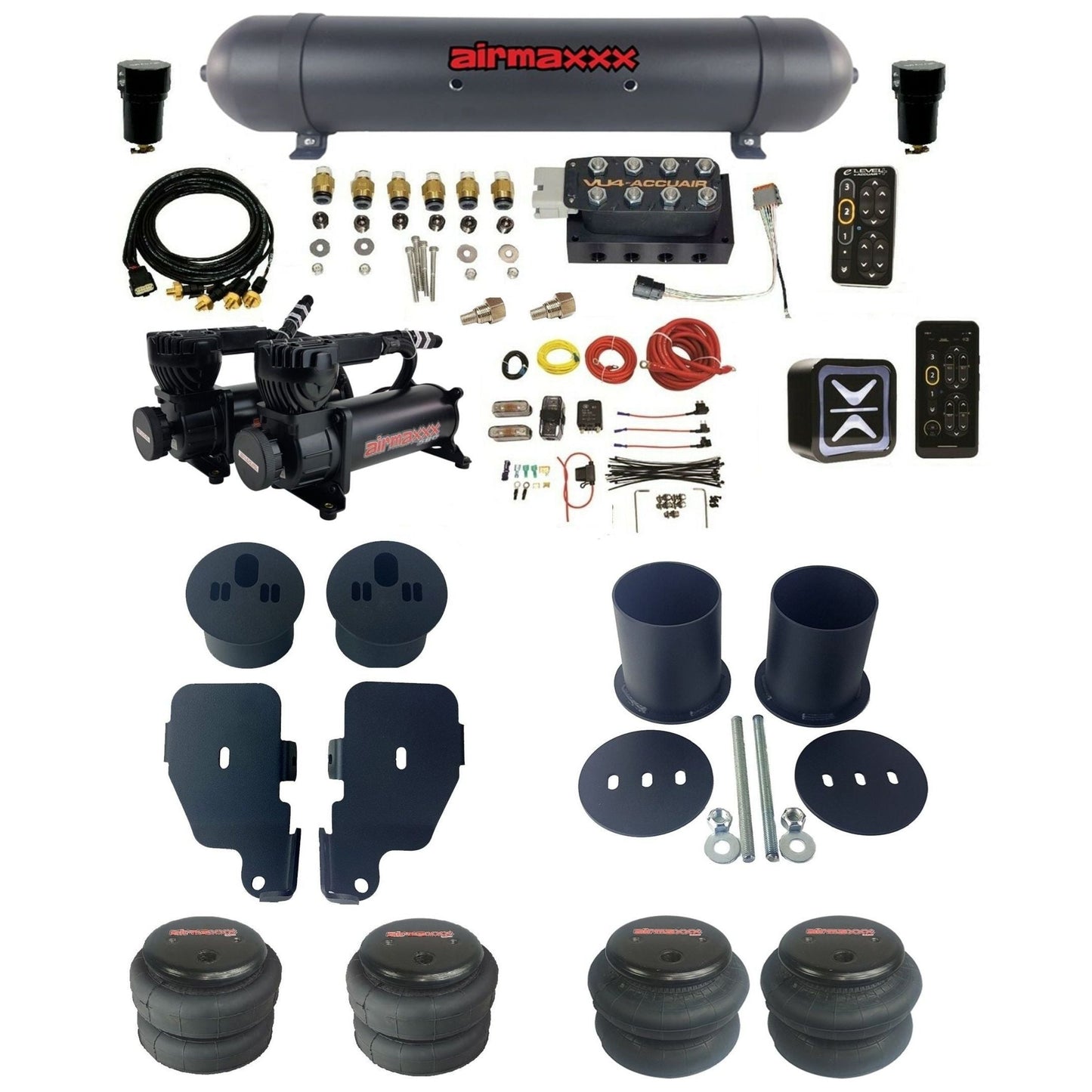 AccuAir e-Level+ Pressure VU4 dual 580 black compressors aluminum tank & bags air ride kit for 1965–1970 Chevy Impala KIMP65-580B2-57ABK-VU4EPT-WK-HF