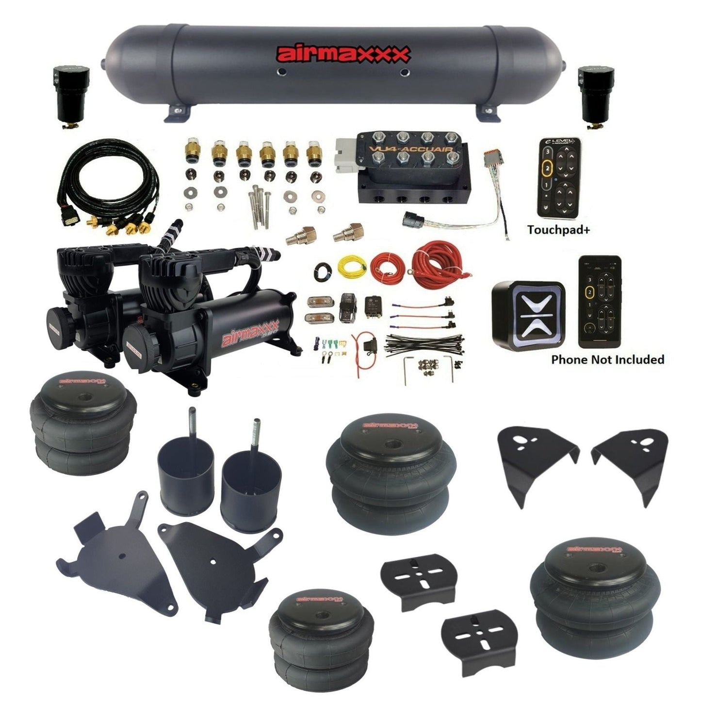 AccuAir e-Level+ Pressure VU4 dual 580 black compressors aluminum tank bags air ride kit for 1982–2005 S10/S15/Sonoma KS10-580B2-57ABK-VU4EPT-WK-HF