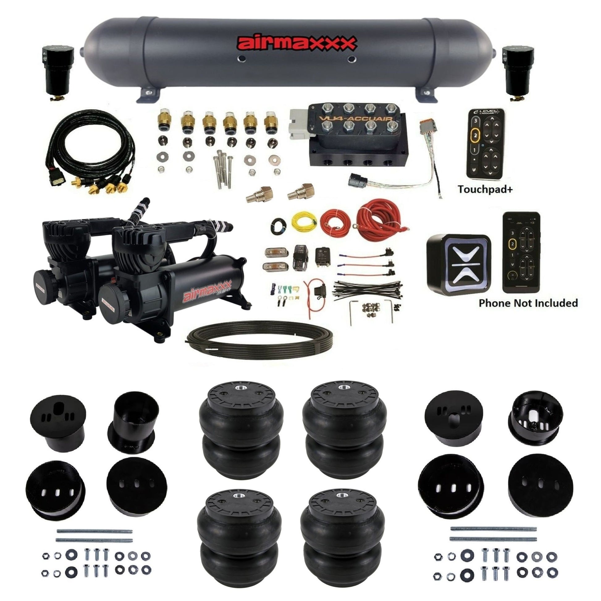 AccuAir e-Level+ Pressure VU4 dual 580 black compressors aluminum tank slam bags air kit for 1958–1960 Cadillac KCAD58-580B2-57ABK-VU4EPT-WK-HFSS7