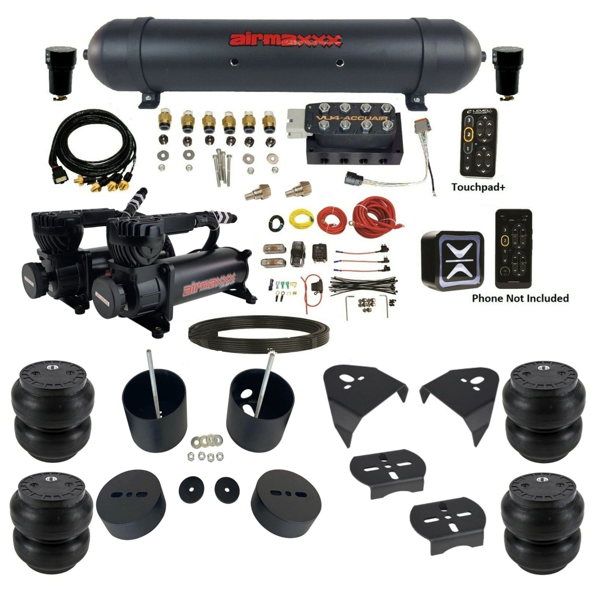 AccuAir e-Level+ Pressure VU4 dual 580 black compressors aluminum tank slam bags air kit for 1988–1998 Chevy Silverado 1500 KGM88-580B2-57ABK-LRHP-WK-HFSS7