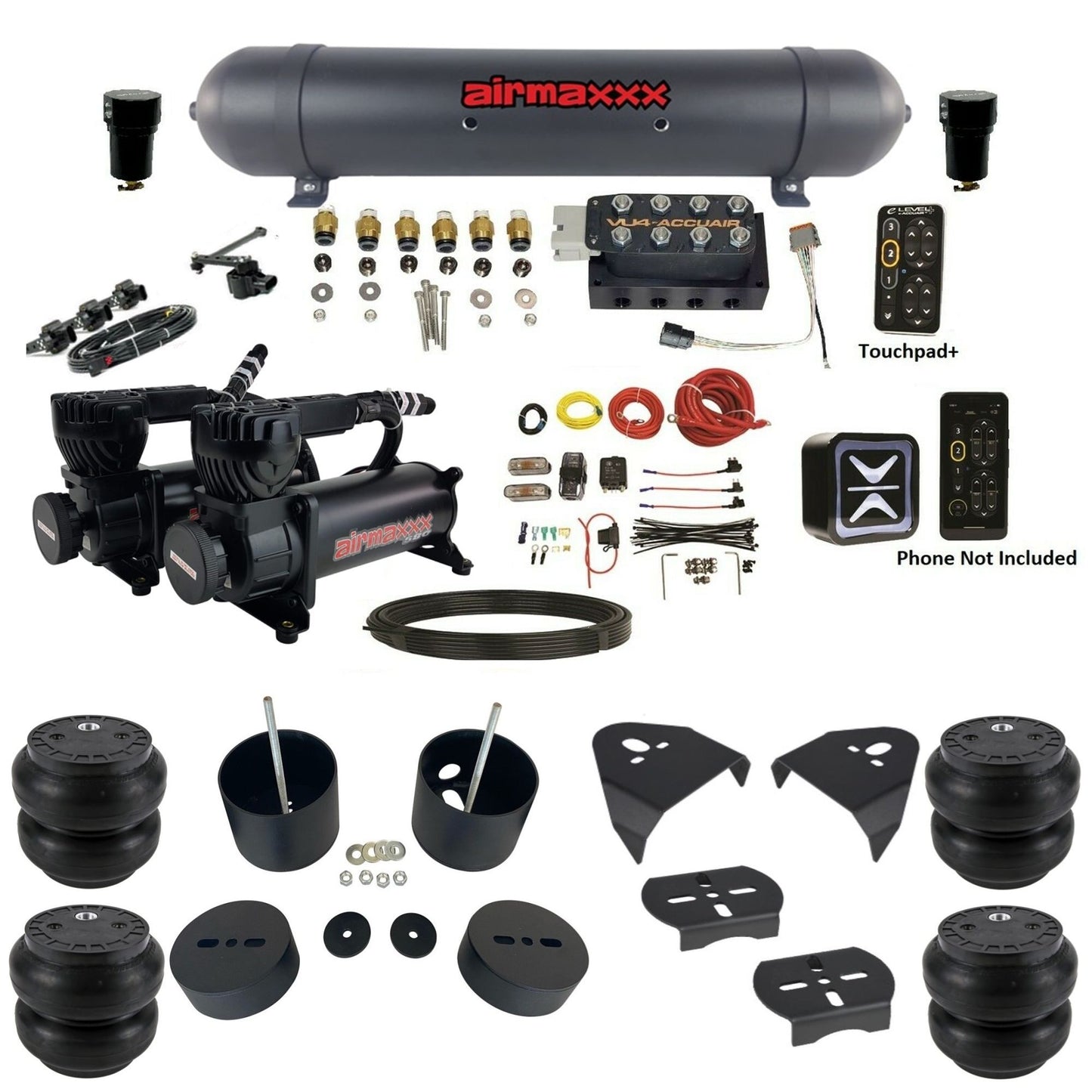 AccuAir e-Level+ Pressure VU4 dual 580 black compressors aluminum tank slam bags air kit for 1999–2006 Chevy Silverado 1500 KGM99-580B2-57ABK-VU4EHT-WK-HFSS7