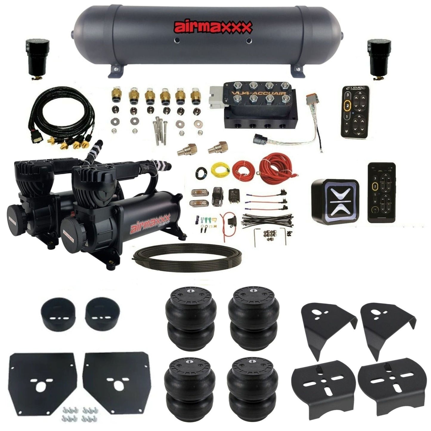 AccuAir e-Level+ Pressure VU4 dual 580 black compressors aluminum tank slam bags air management kit for 1973–1987 C10 KC1073-580B2-57ABK-VU4EPT-WK-HFSS7