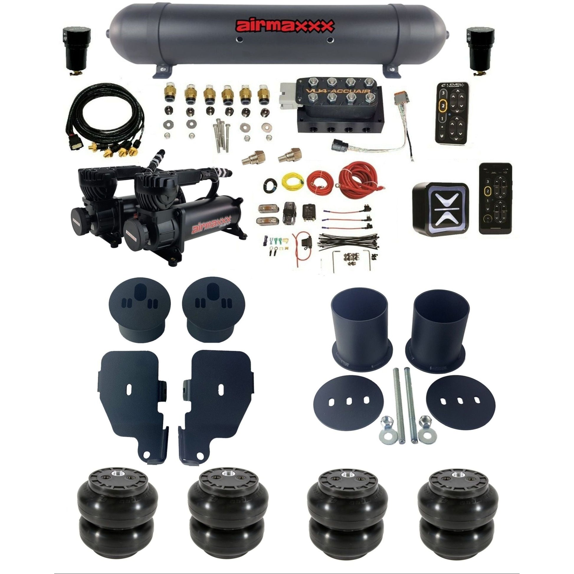AccuAir e-Level+ Pressure VU4 dual 580 black compressors aluminum tank & slam bags air ride kit for 1965–1970 Chevy Impala KIMP65-580B2-57ABK-VU4EPT-WK-HFSS6