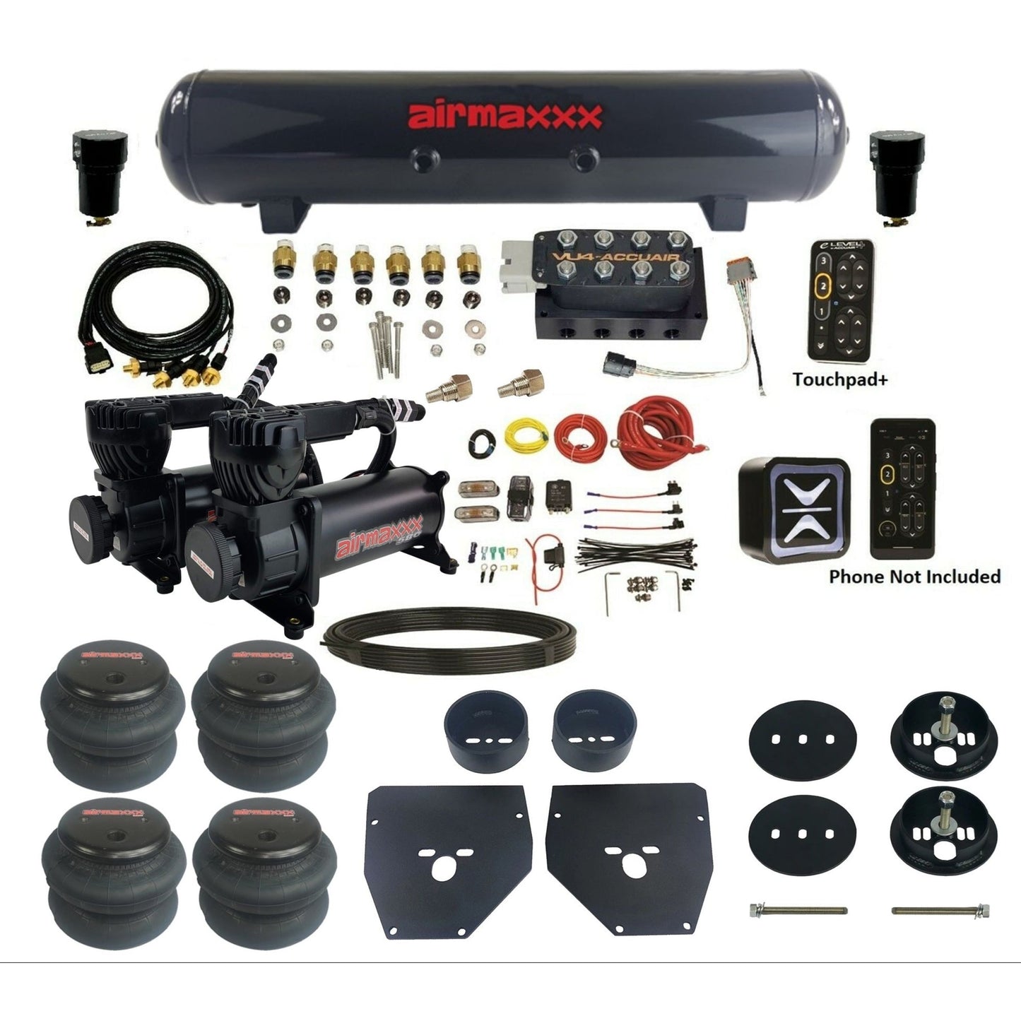 AccuAir e-Level+ Pressure VU4 dual 580 black compressors steel tank 2600 bags air kit for 1963–1972 Chevy C10 KC1063-580B2-57S-VU4EPT-WK-HF