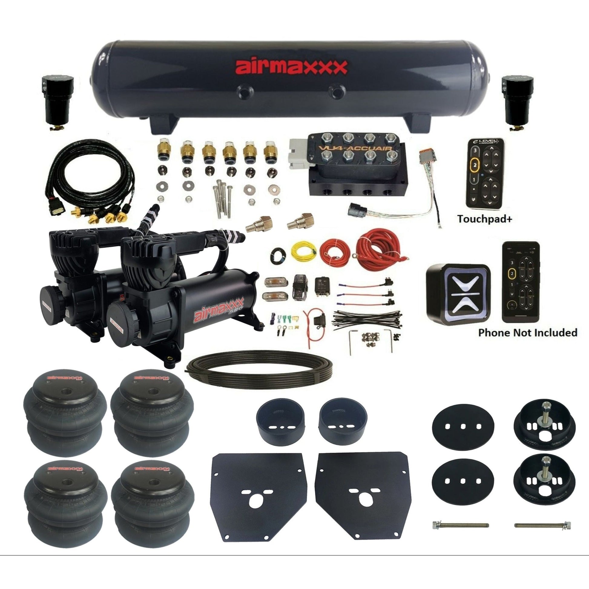 AccuAir e-Level+ Pressure VU4 dual 580 black compressors steel tank 2600 bags air kit for 1963–1972 Chevy C10 KC1063-580B2-57S-VU4EPT-WK-HF