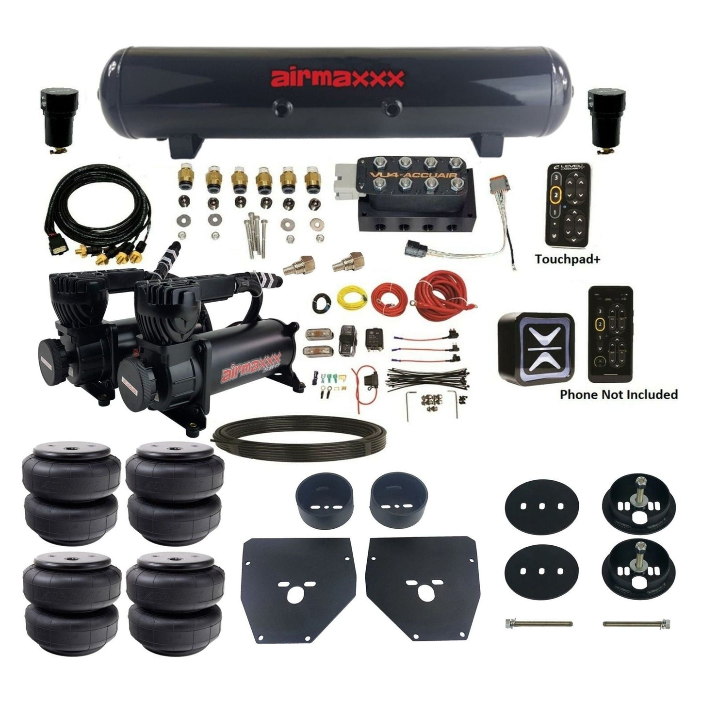 AccuAir e-Level+ Pressure VU4 dual 580 black compressors steel tank airlift bags air kit for 1963–1972 Chevy C10 KC1063-580B2-57S-VU4EPT-WK-HFD26