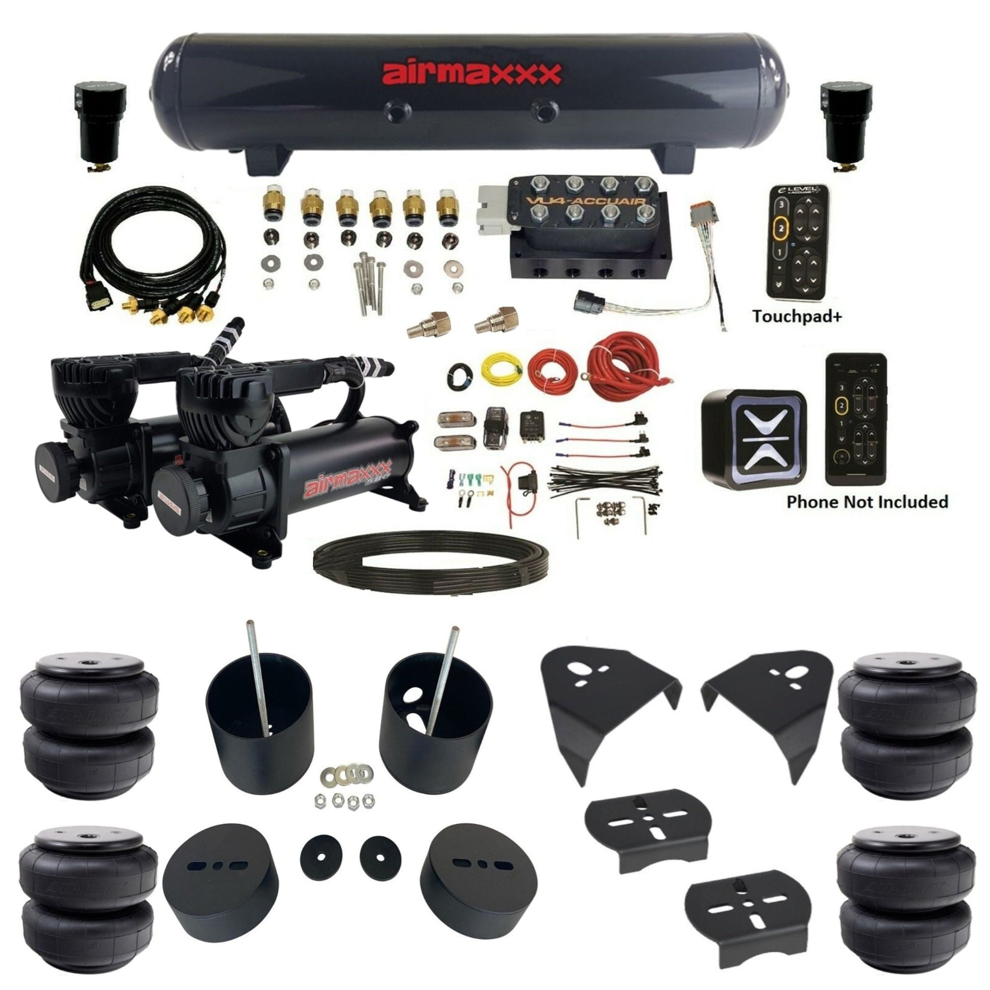 AccuAir e-Level+ Pressure VU4 dual 580 black compressors steel tank airlift bags air kit for 1988–1998 Chevy Silverado 1500 GM88-580B2-57S-LRHP-WK-HFD26