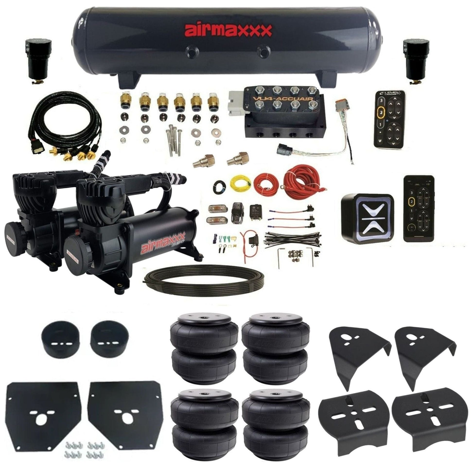 AccuAir e-Level+ Pressure VU4 dual 580 black compressors steel tank airlift bags air management kit for 1973–1987 C10 KC1073-580B2-57S-VU4EPT-WK-HFD26