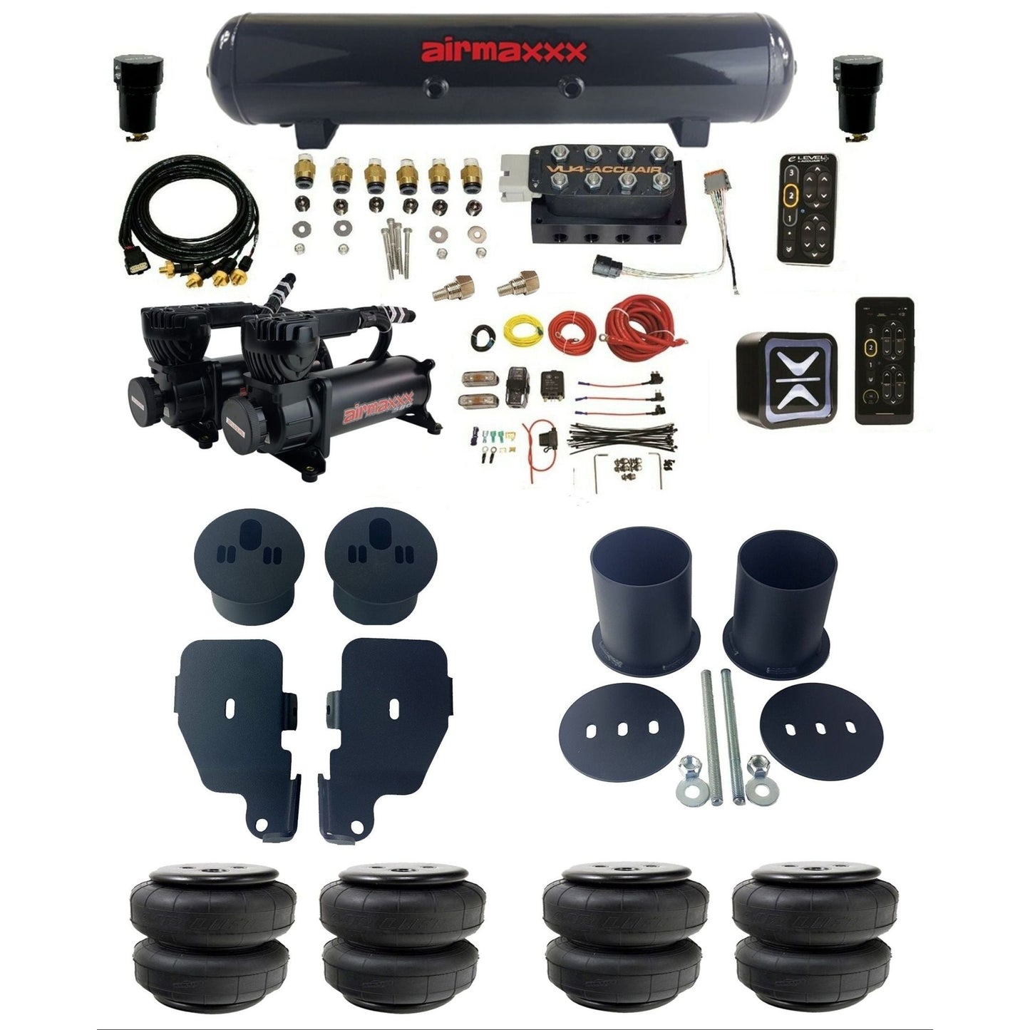 AccuAir e-Level+ Pressure VU4 dual 580 black compressors steel tank & airlift bags air ride kit for 1965–1970 Chevy Impala KIMP65-580B2-57S-VU4EPT-WK-HFD25