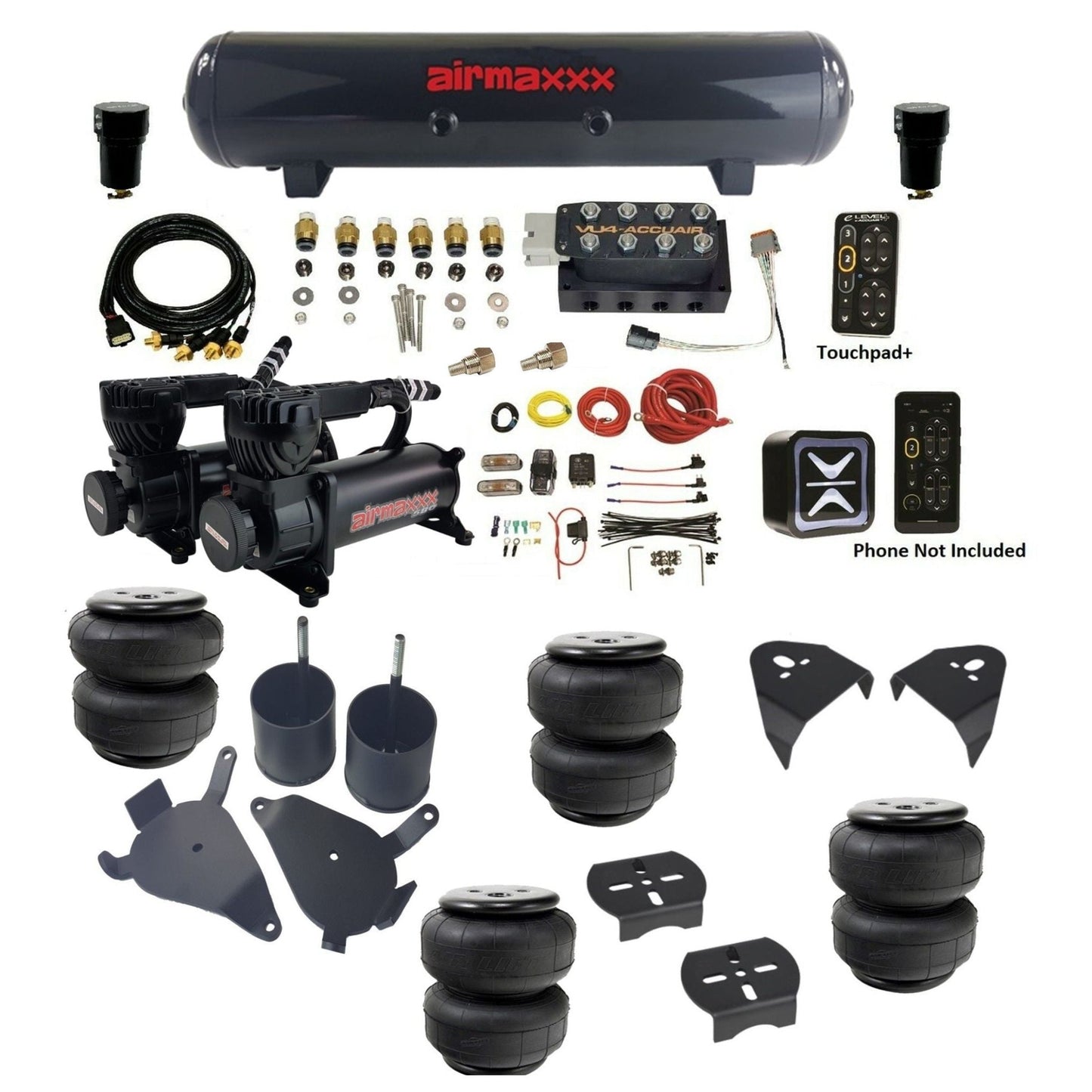 AccuAir e-Level+ Pressure VU4 dual 580 black compressors steel tank airlift bags air ride kit for 1982–2005 S10/S15/Sonoma KS10-580B2-57S-VU4EPT-WK-HFD25