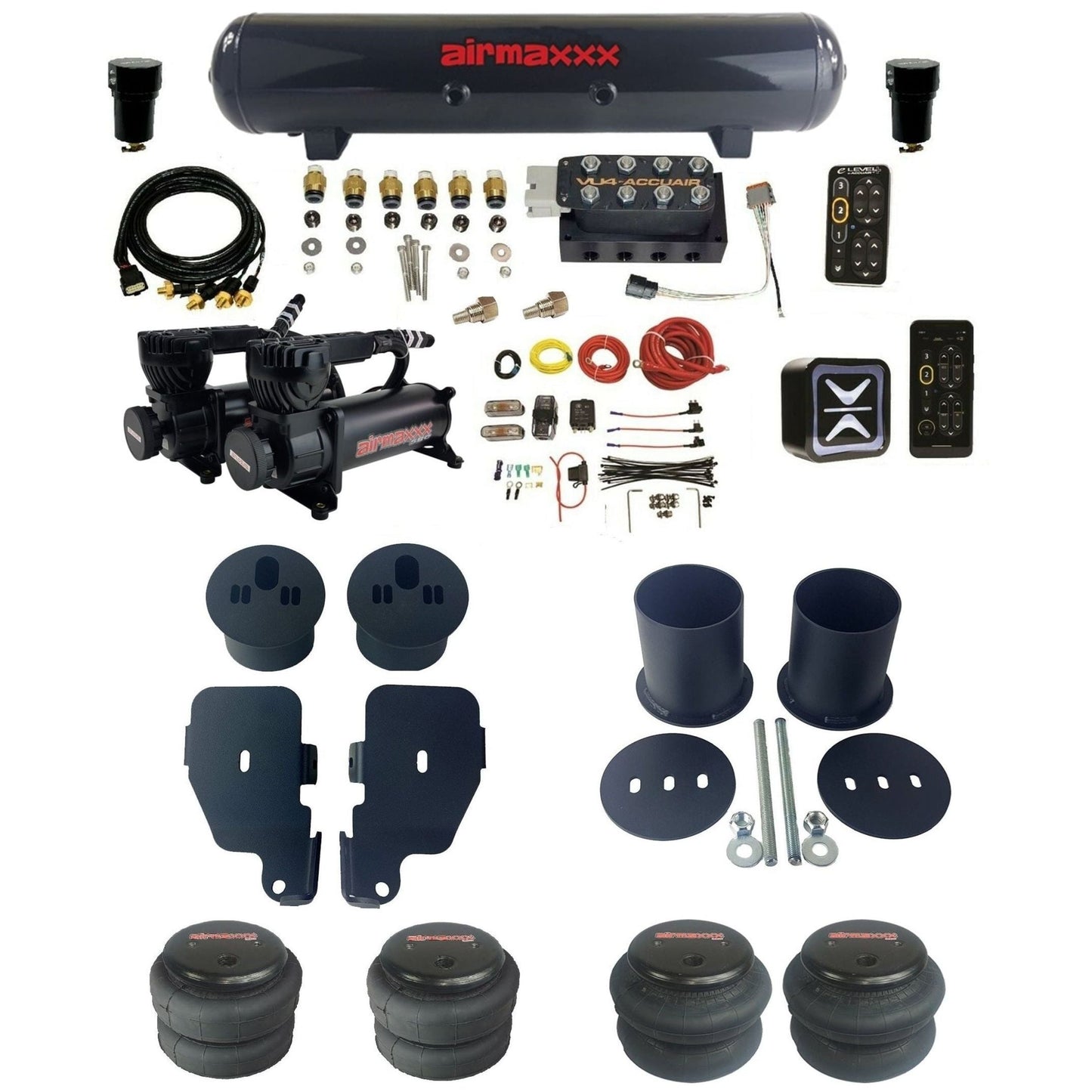 AccuAir e-Level+ Pressure VU4 dual 580 black compressors steel tank & bags air ride kit for 1965–1970 Chevy Impala KIMP65-580B2-57S-VU4EPT-WK-HF