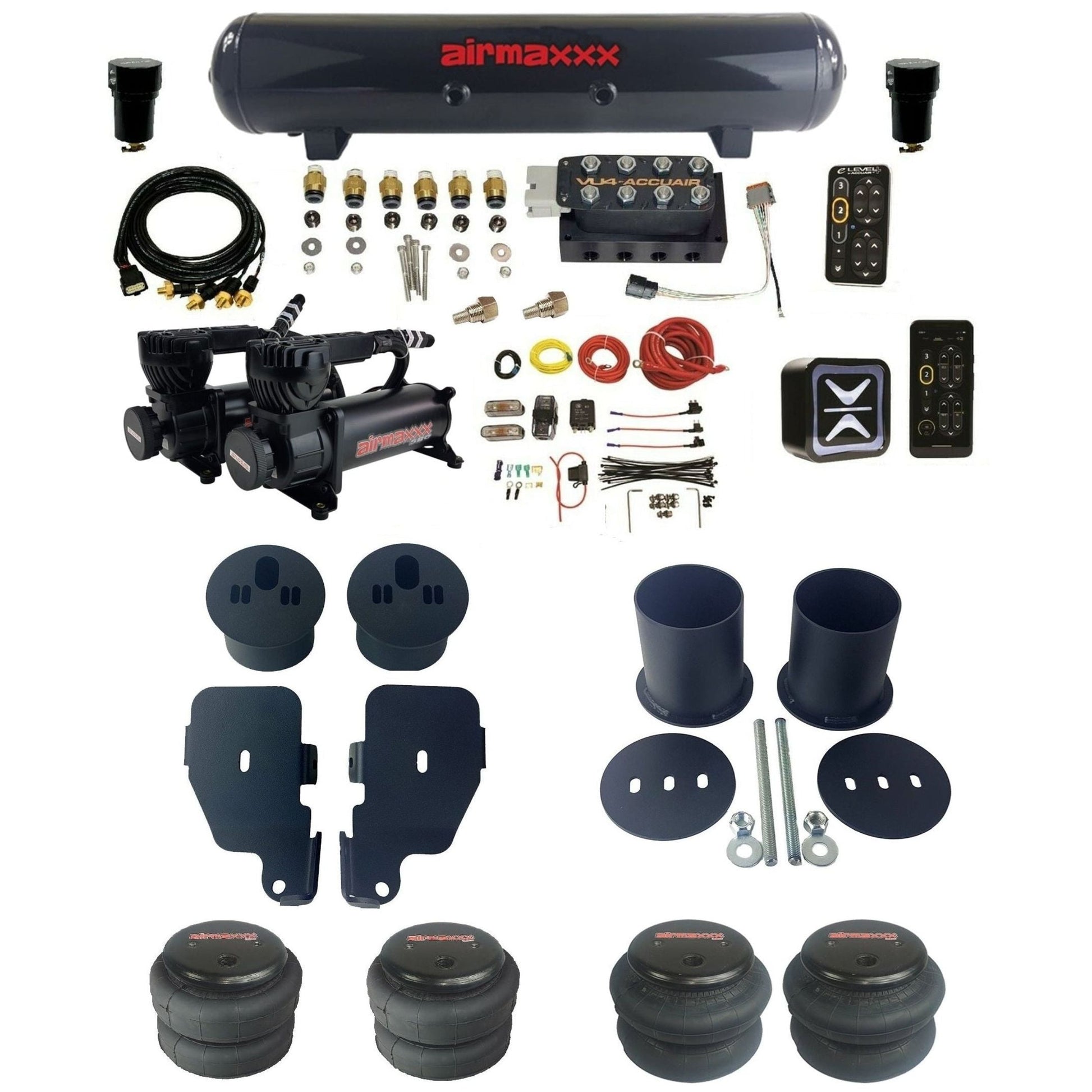 AccuAir e-Level+ Pressure VU4 dual 580 black compressors steel tank & bags air ride kit for 1965–1970 Chevy Impala KIMP65-580B2-57S-VU4EPT-WK-HF