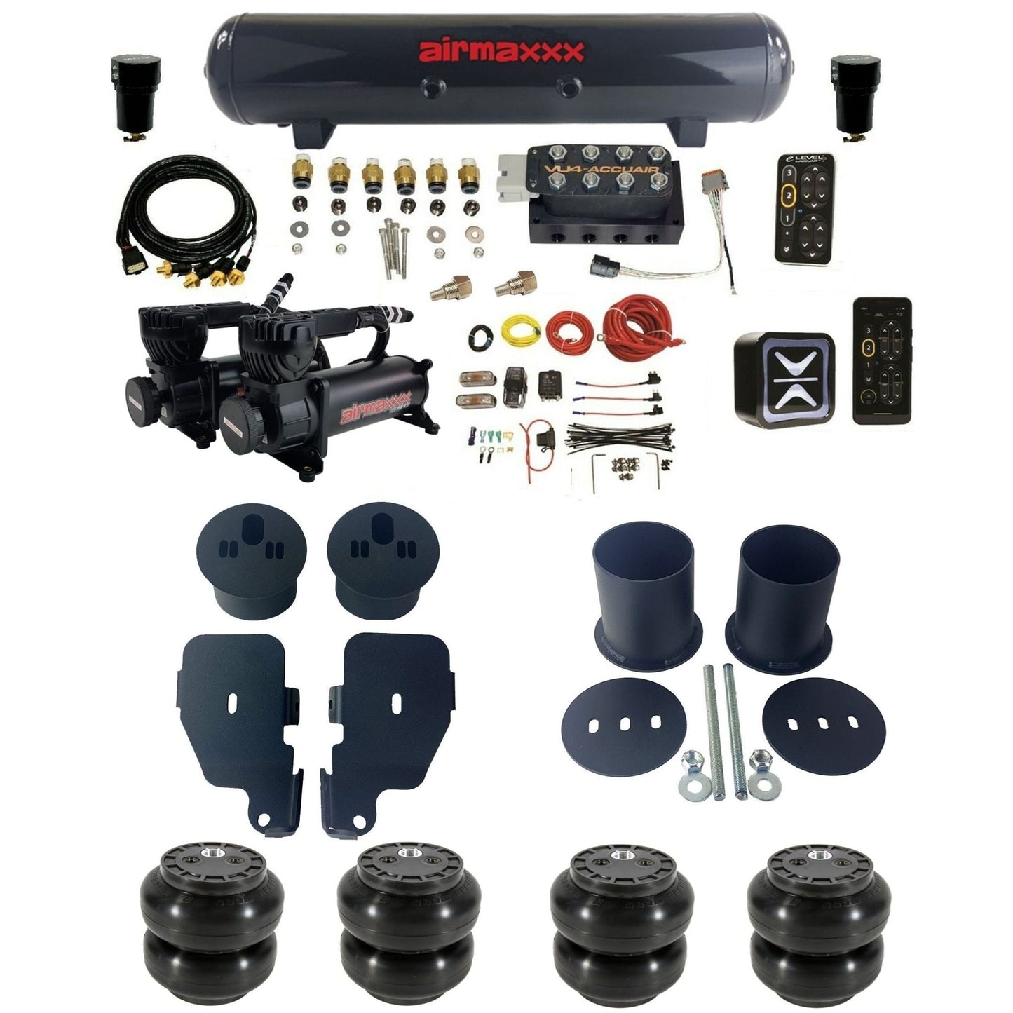 AccuAir e-Level+ Pressure VU4 dual 580 black compressors steel tank & slam bags air ride kit for 1965–1970 Chevy Impala KIMP65-580B2-57S-VU4EPT-WK-HFSS6