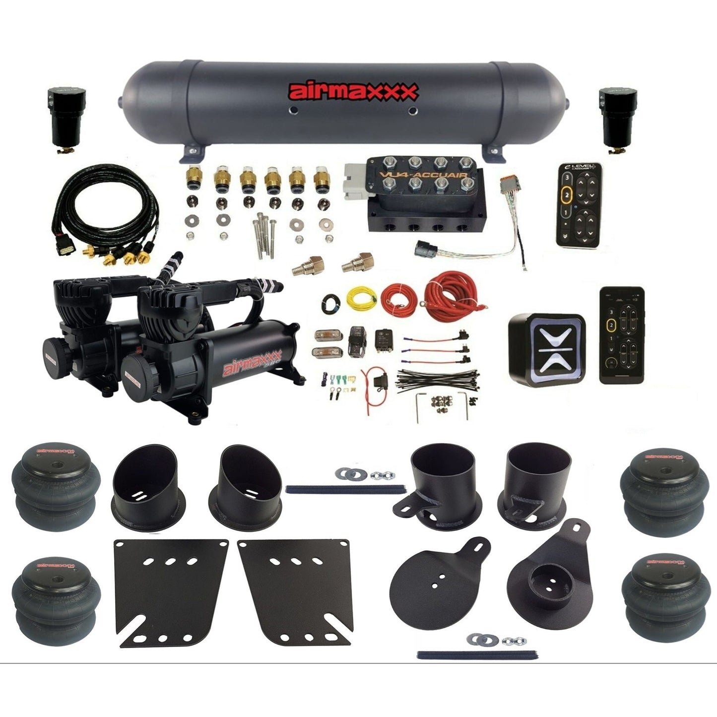 AccuAir e-Level+ Pressure VU4 dual black 580 compressors aluminum tank 2600 bags air kit for 1958–1964 Chevy impala KIMP58-580B2-57ABK-VU4EPT-WK-HF