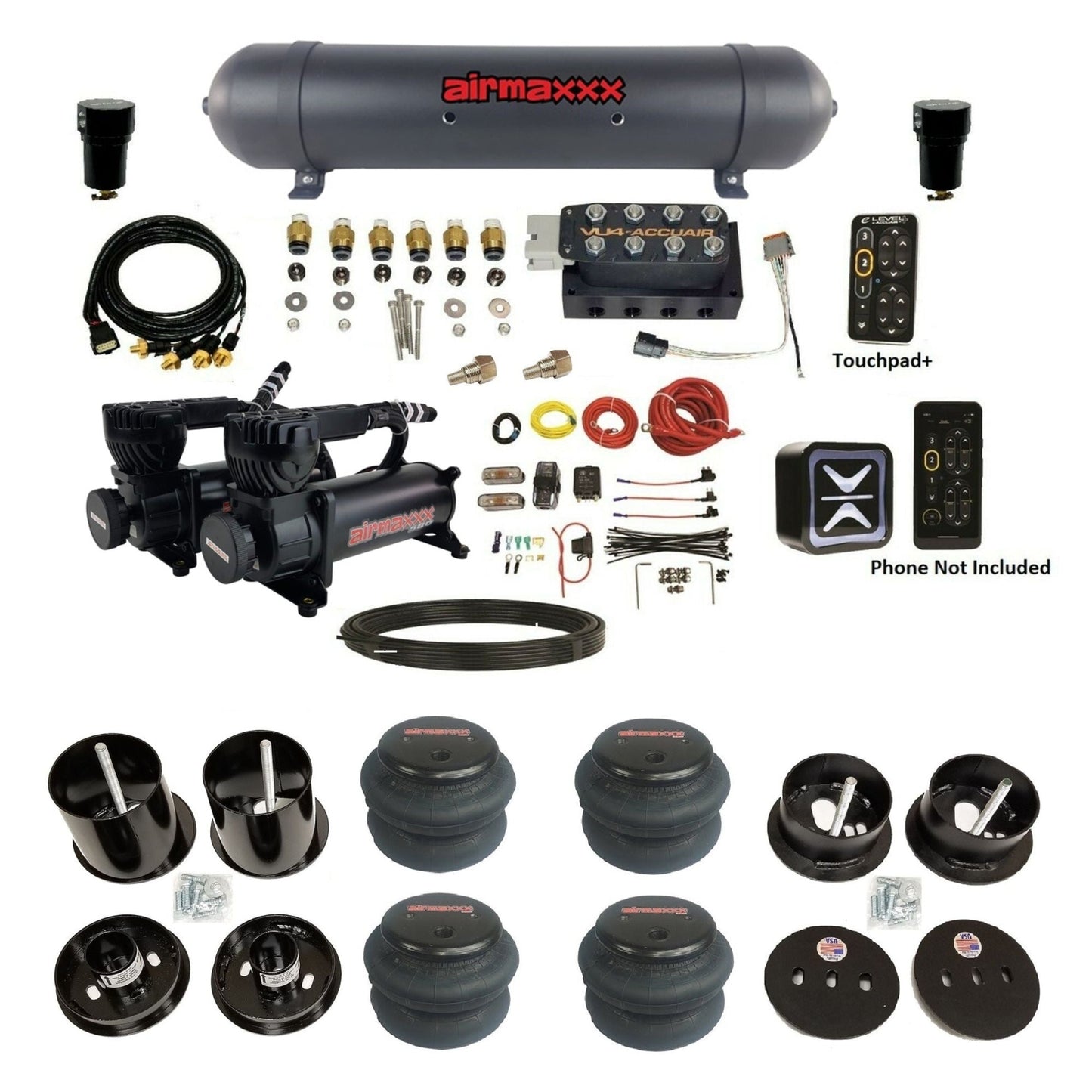 AccuAir e-Level+ Pressure VU4 dual black 580 compressors aluminum tank 2600 bags air ride kit for 1963–1964 Cadillac KCAD63-580B2-57ABK-VU4EPT-WK-HF