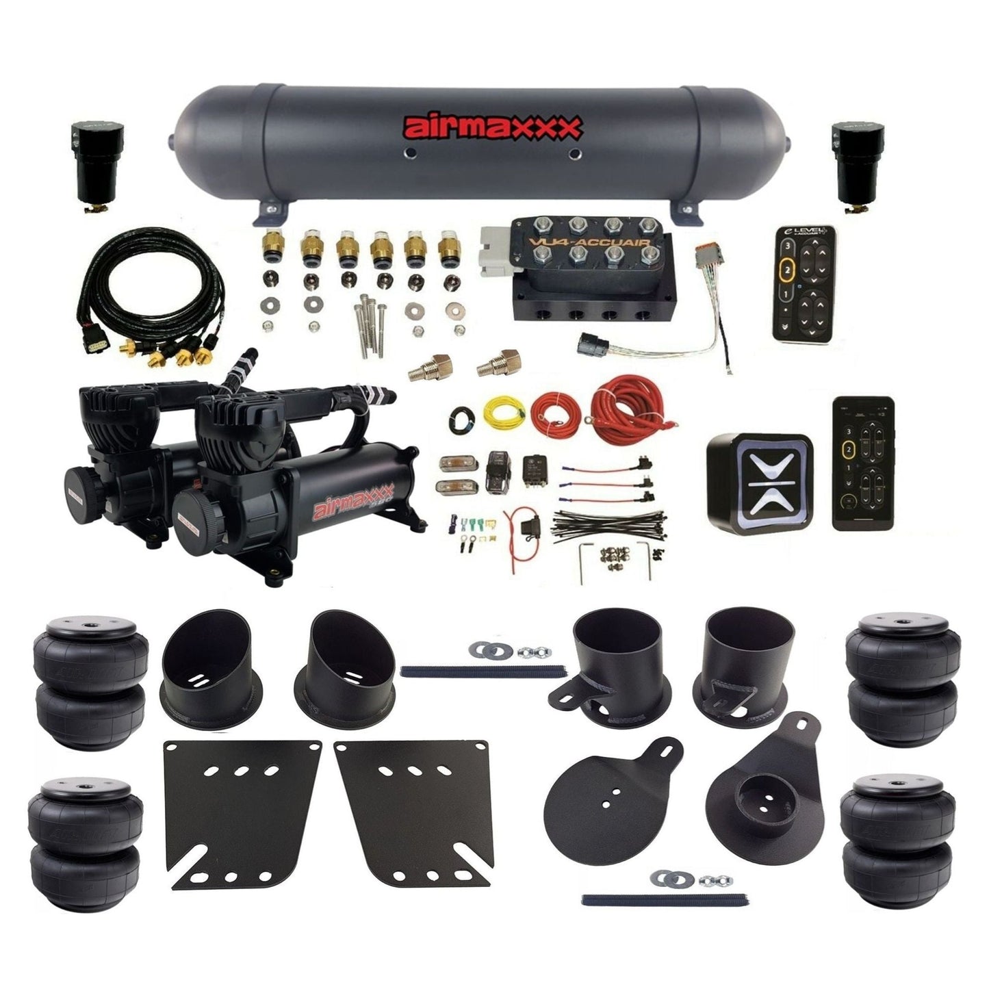 AccuAir e-Level+ Pressure VU4 dual black 580 compressors aluminum tank airlift bags air kit for 1958–1964 Chevy impala KIMP58-580B2-57ABK-VU4EPT-WK-HFD25