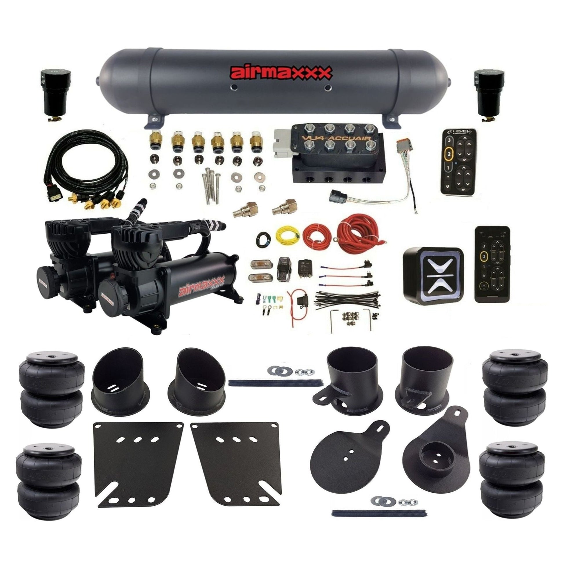 AccuAir e-Level+ Pressure VU4 dual black 580 compressors aluminum tank airlift bags air kit for 1958–1964 Chevy impala KIMP58-580B2-57ABK-VU4EPT-WK-HFD25