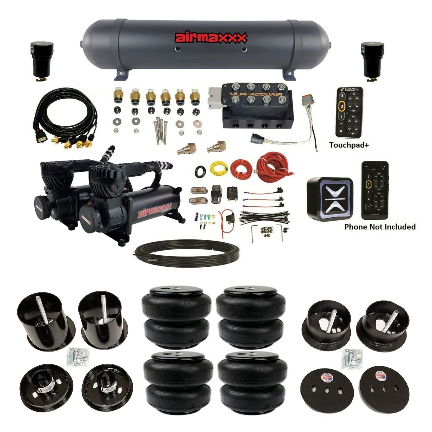 AccuAir e-Level+ Pressure VU4 dual black 580 compressors aluminum tank airlift bags air ride kit for 1963–1964 Cadillac KCAD63-580B2-57ABK-VU4EPT-WK-HFD25