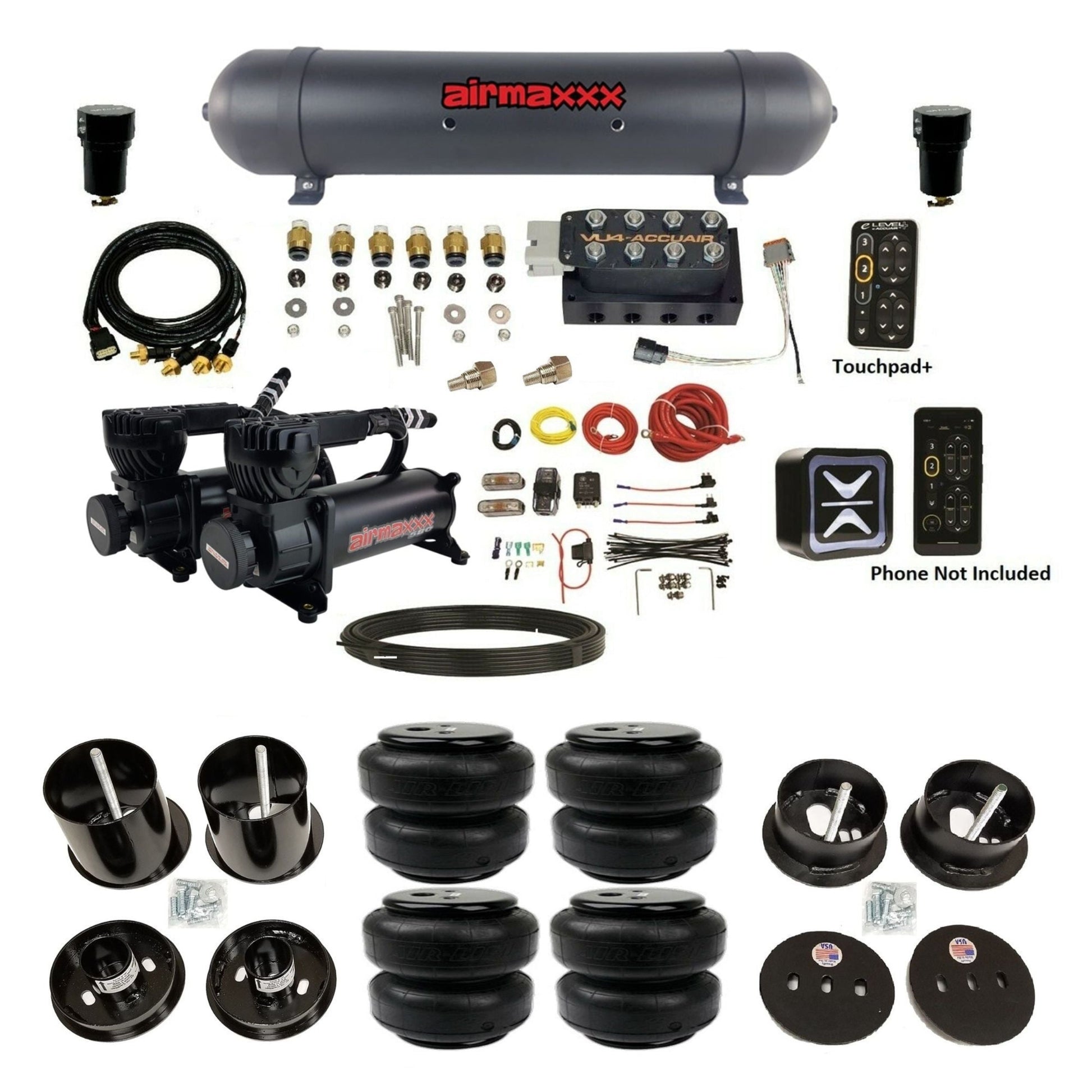 AccuAir e-Level+ Pressure VU4 dual black 580 compressors aluminum tank airlift bags air ride kit for 1963–1964 Cadillac KCAD63-580B2-57ABK-VU4EPT-WK-HFD25