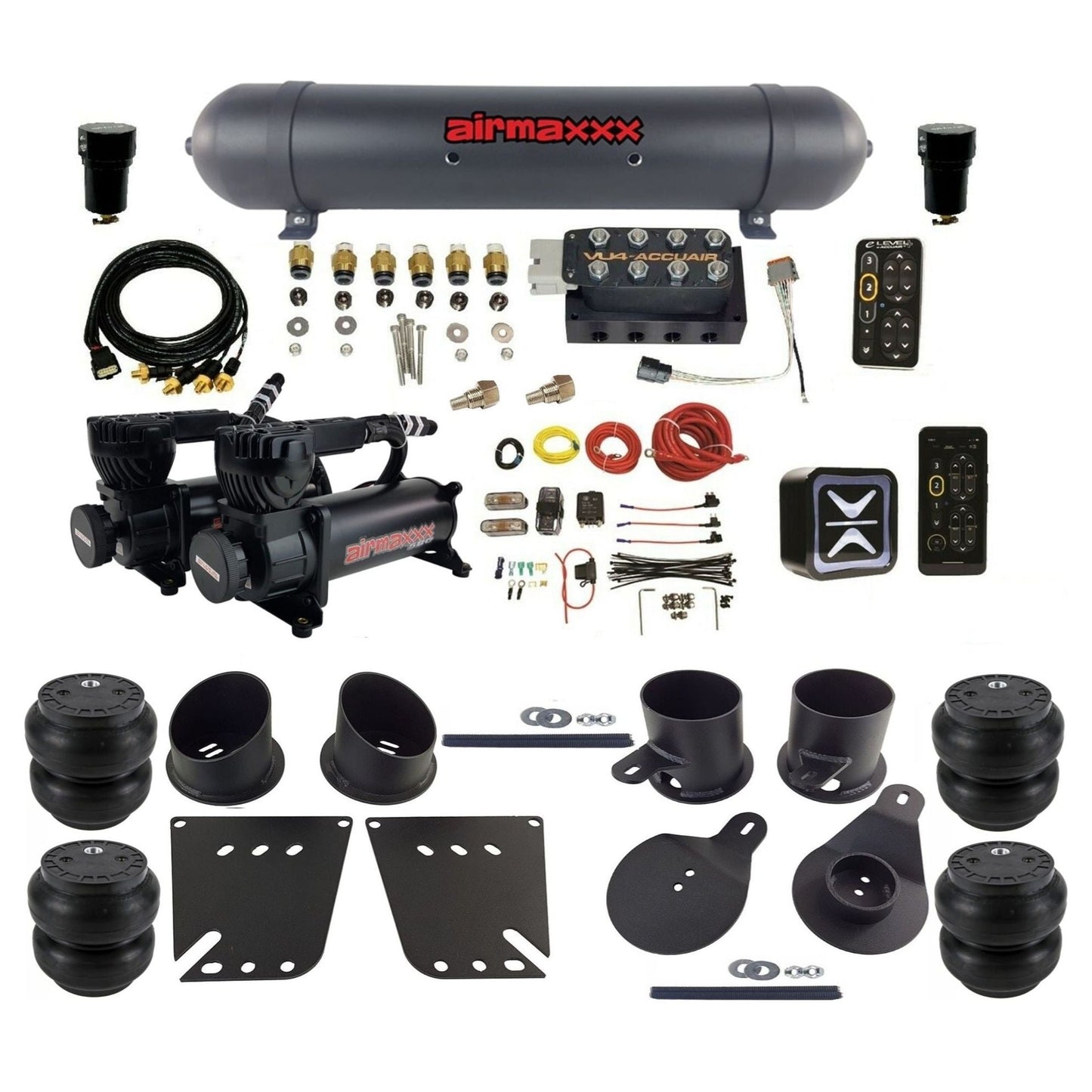 AccuAir e-Level+ Pressure VU4 dual black 580 compressors aluminum tank slam bags air kit for 1958–1964 Chevy impala KIMP58-580B2-57ABK-VU4EPT-WK-HFSS7Impala 