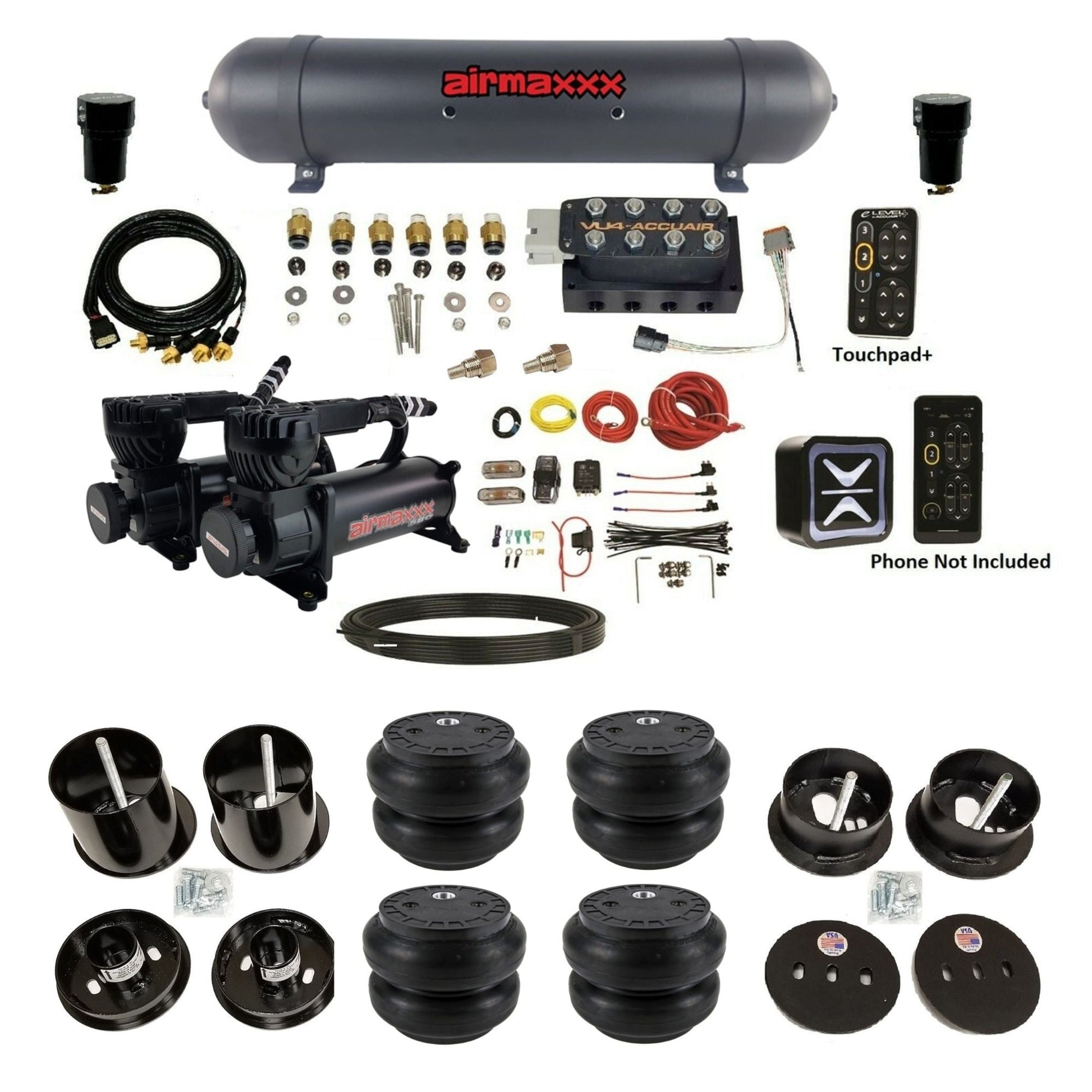AccuAir e-Level+ Pressure VU4 dual black 580 compressors aluminum tank slam bags air ride kit for 1963–1964 Cadillac KCAD63-580B2-57ABK-VU4EPT-WK-HFSS7