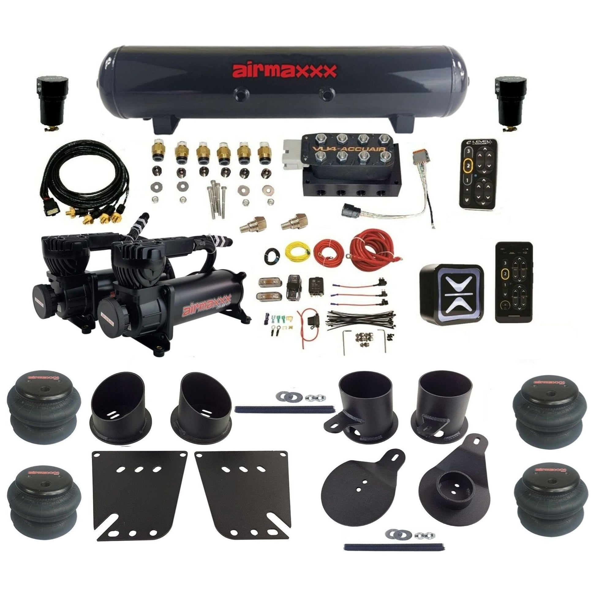 AccuAir e-Level+ Pressure VU4 dual black 580 compressors steel tank 2600 bags air kit for 1958–1964 Chevy Impala KIMP58-580B2-57S-VU4EPT-WK-HF