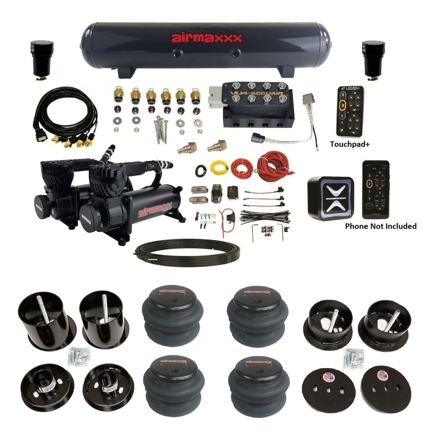 AccuAir e-Level+ Pressure VU4 dual black 580 compressors steel tank 2600 bags air ride kit for 1963–1964 Cadillac KCAD63-580B2-57S-VU4EPT-WK-HF