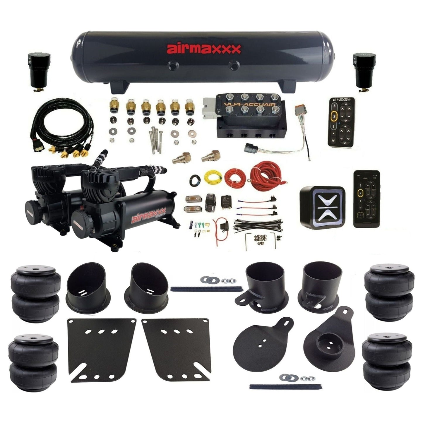 AccuAir e-Level+ Pressure VU4 dual black 580 compressors steel tank airlift bags air kit for 1958–1964 Chevy Impala KIMP58-580B2-57S-VU4EPT-WK-HFD25