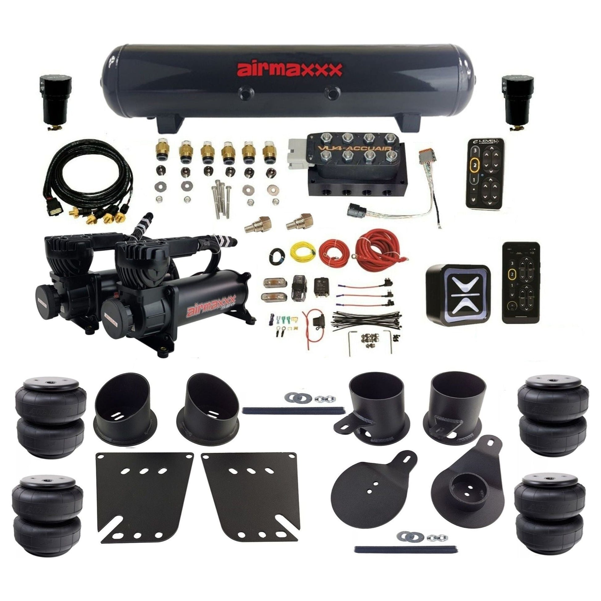 AccuAir e-Level+ Pressure VU4 dual black 580 compressors steel tank airlift bags air kit for 1958–1964 Chevy Impala KIMP58-580B2-57S-VU4EPT-WK-HFD25