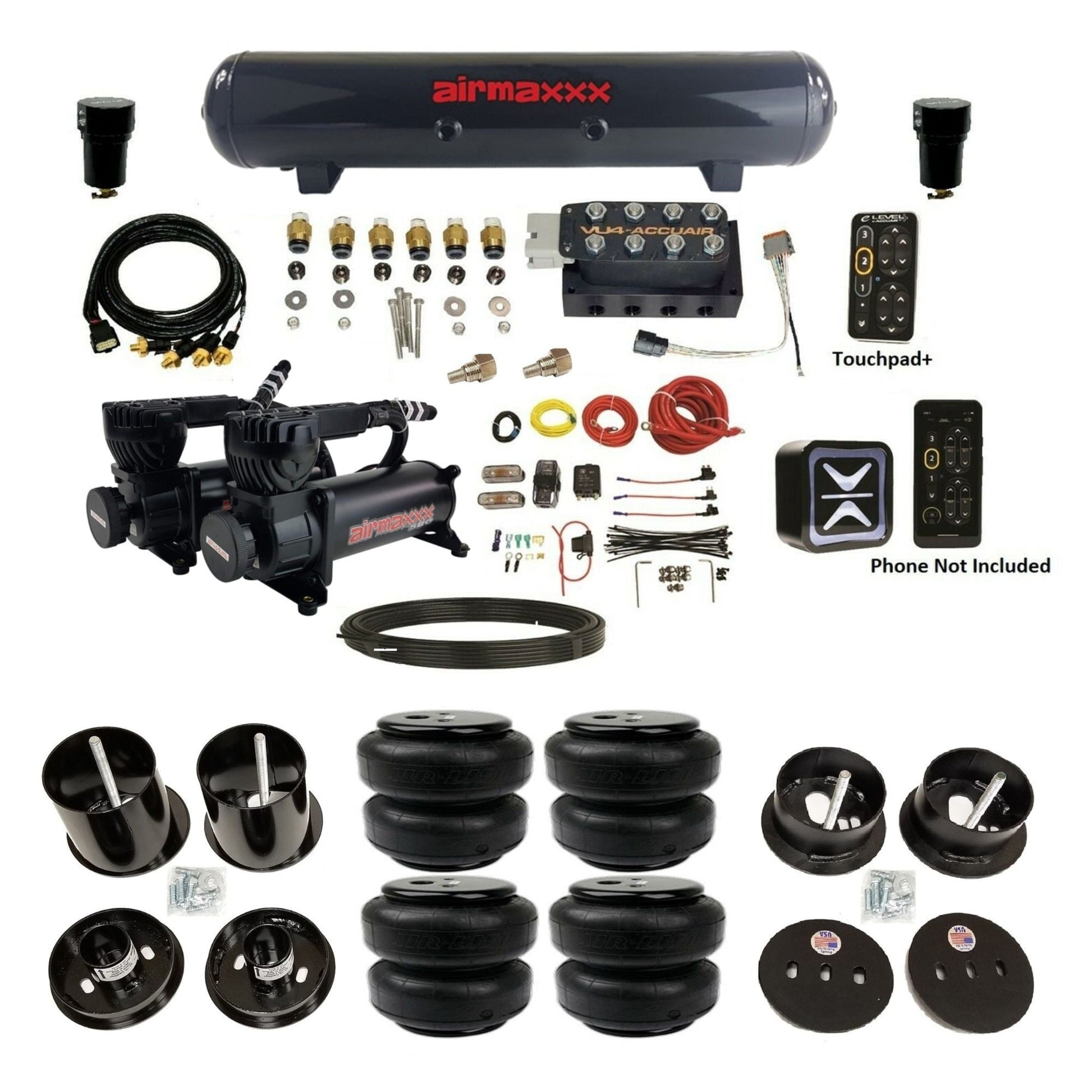 AccuAir e-Level+ Pressure VU4 dual black 580 compressors steel tank airlift bags air ride kit for 1963–1964 Cadillac KCAD63-580B2-57S-VU4EPT-WK-HFD25