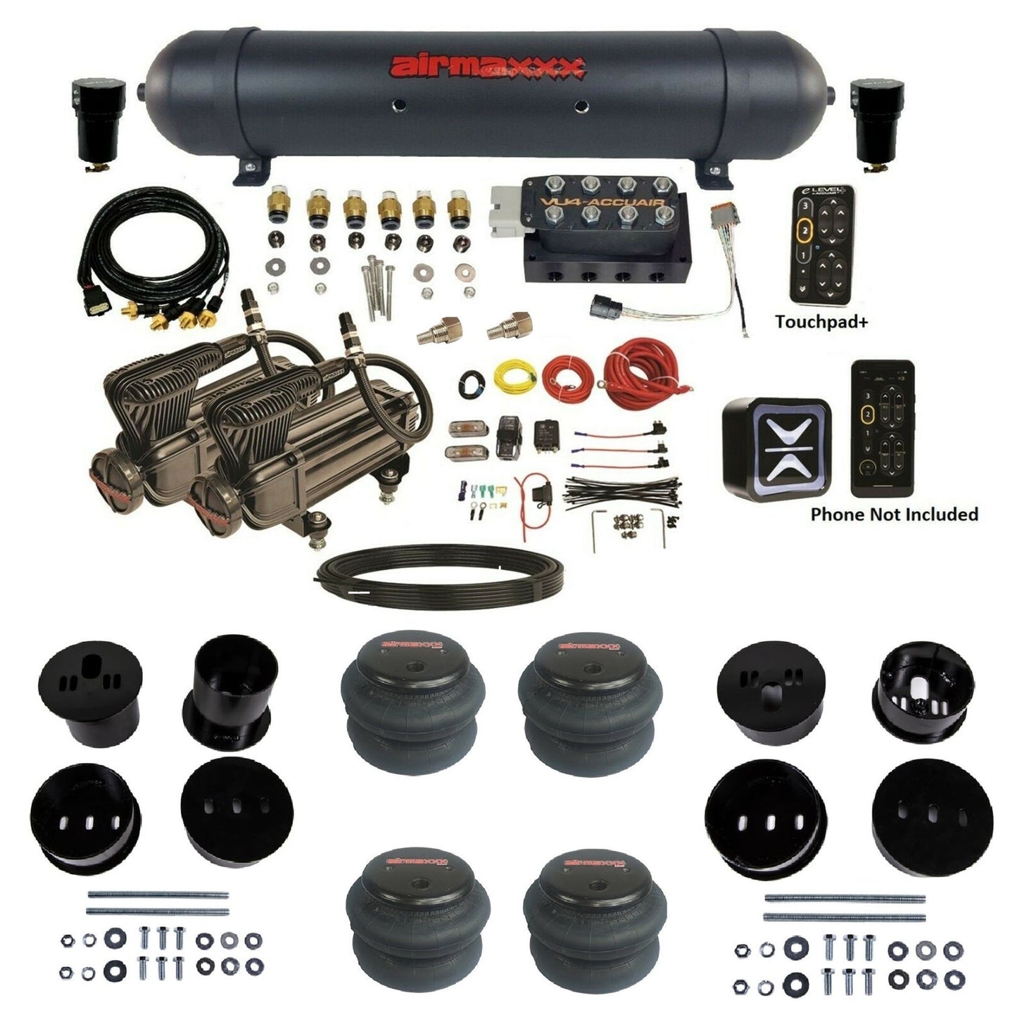 AccuAir e-Level+ Pressure VU4 dual x-series compressors aluminum tank 2600 bags air kit for 1958–1960 Cadillac KCAD58-X2B-57ABK-VU4EPT-WK-HF