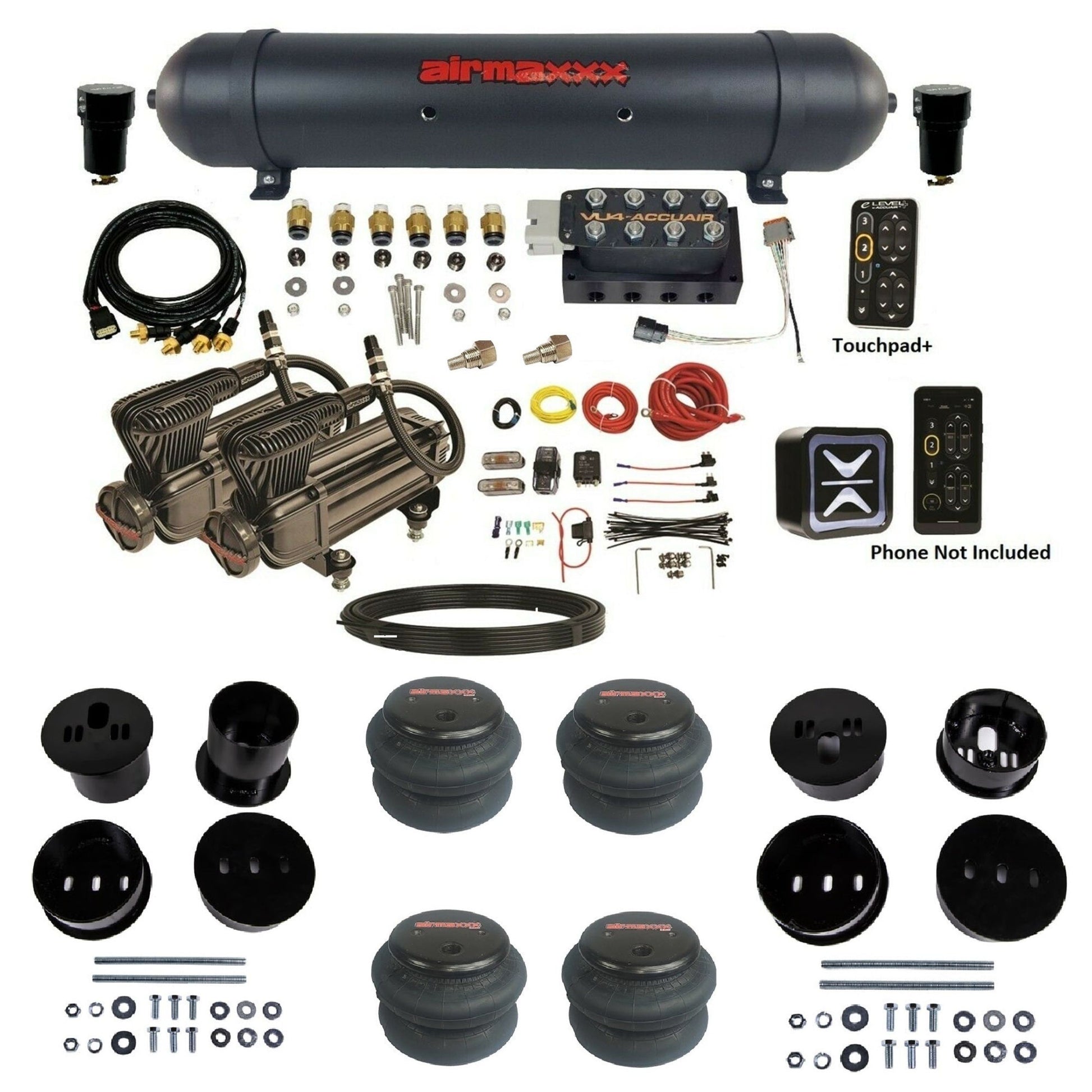 AccuAir e-Level+ Pressure VU4 dual x-series compressors aluminum tank 2600 bags air kit for 1958–1960 Cadillac KCAD58-X2B-57ABK-VU4EPT-WK-HF