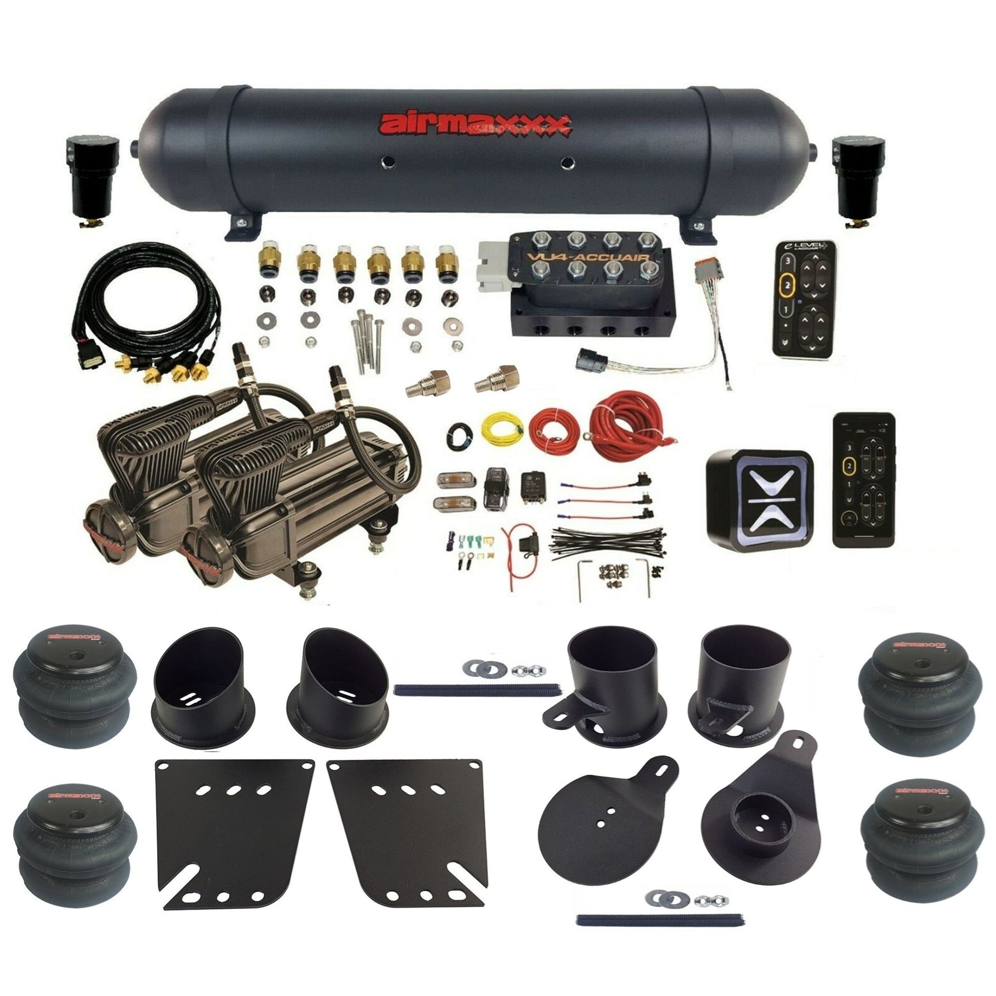 AccuAir e-Level+ Pressure VU4 dual x-series compressors aluminum tank 2600 bags air kit for 1958–1964 Chevy impala KIMP58-X2B-57ABK-VU4EPT-WK-HF