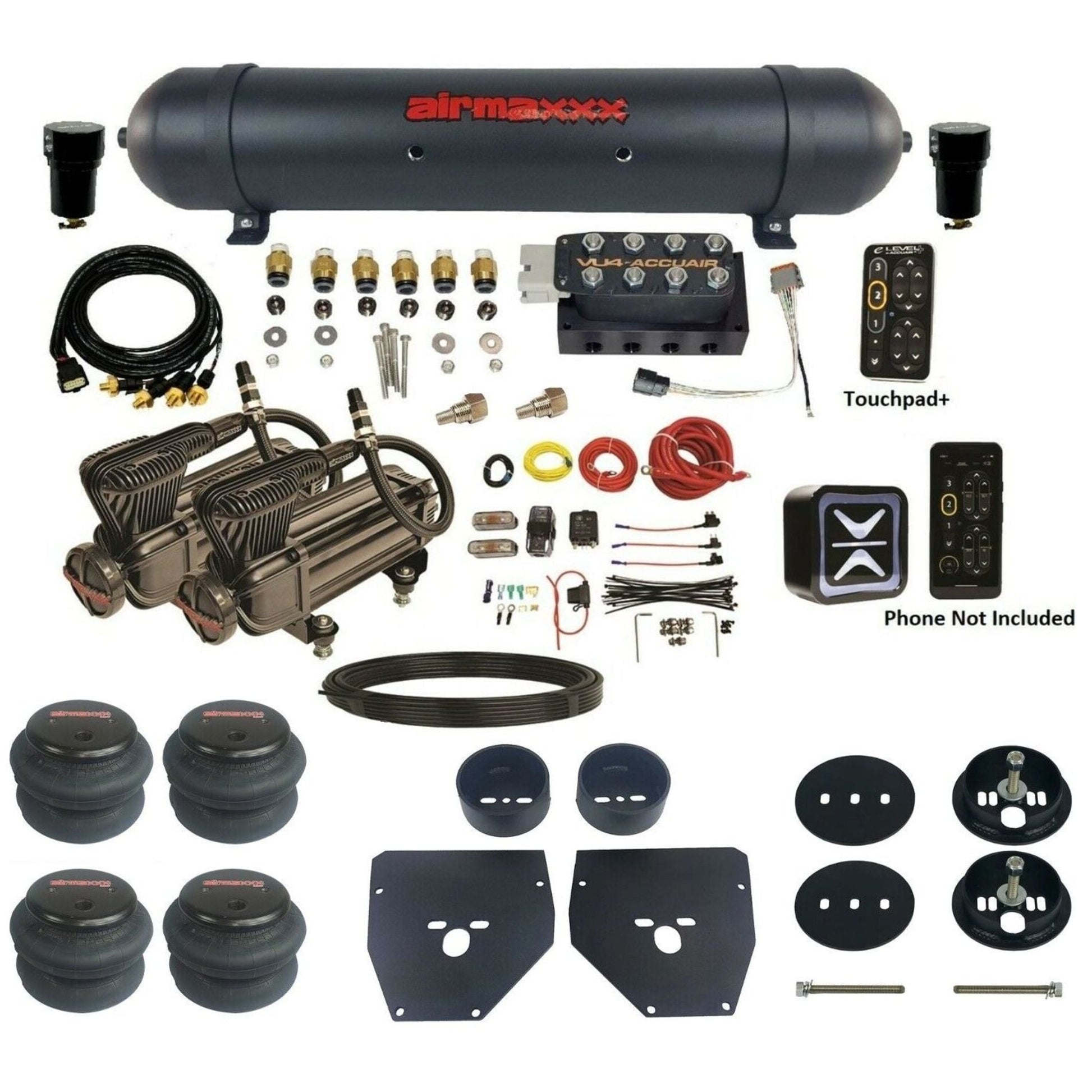 AccuAir e-Level+ Pressure VU4 dual x-series compressors aluminum tank 2600 bags air kit for 1963–1972 Chevy C10 KC1063-X2B-57ABK-VU4EPT-WK-HF