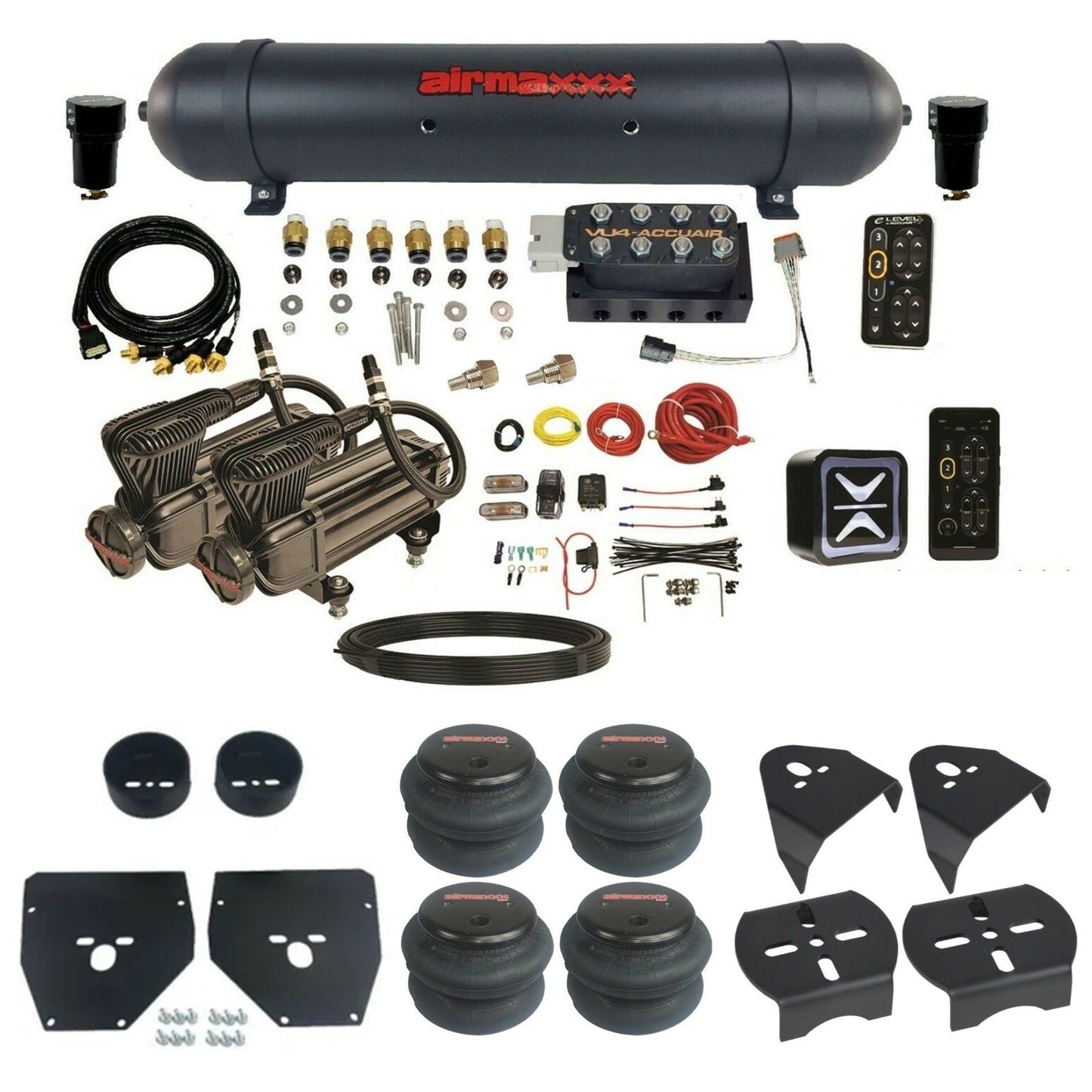 AccuAir e-Level+ Pressure VU4 dual x-series compressors aluminum tank 2600 bags air management kit for 1973–1987 C10 KC1073-X2B-57ABK-VU4EPT-WK-HF