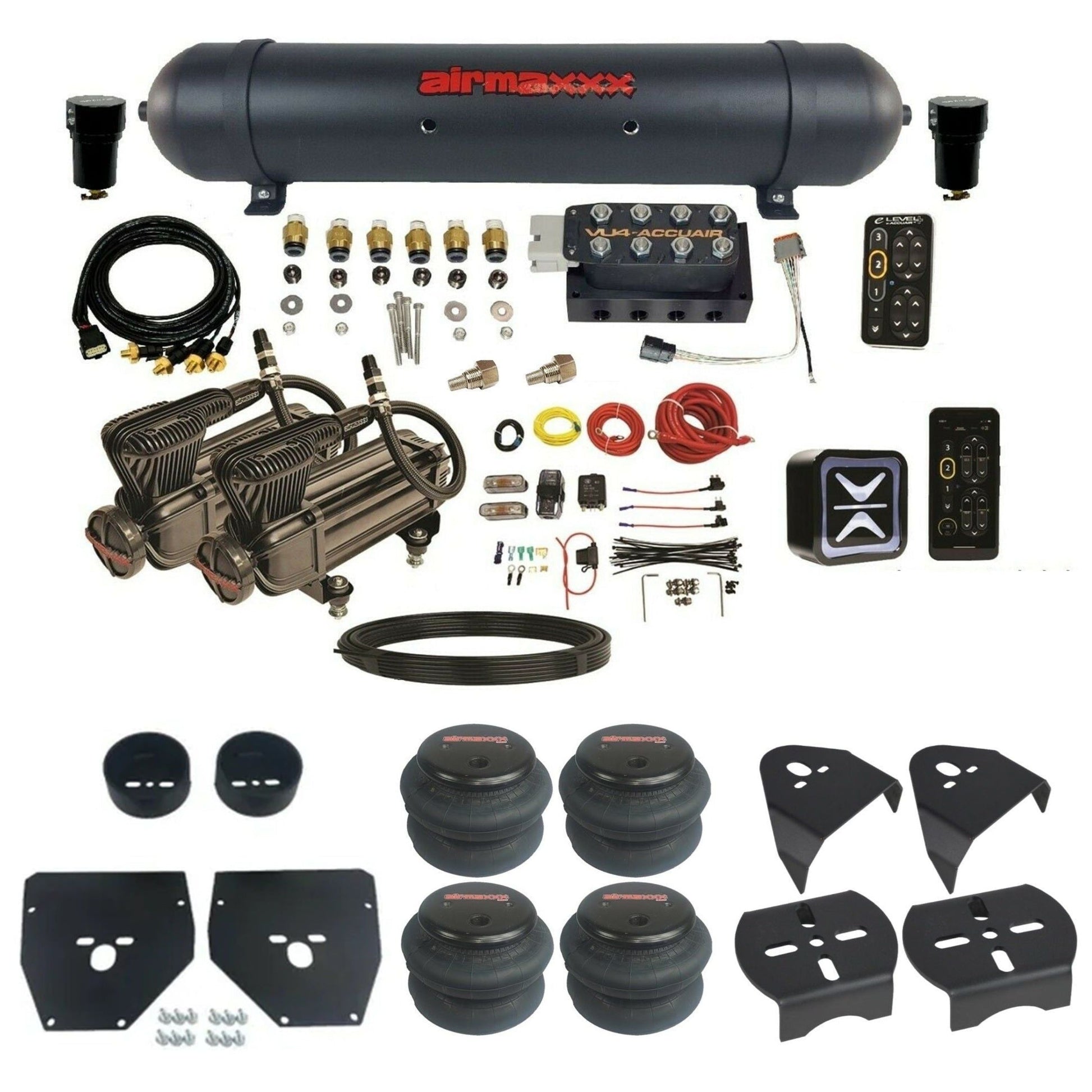 AccuAir e-Level+ Pressure VU4 dual x-series compressors aluminum tank 2600 bags air management kit for 1973–1987 C10 KC1073-X2B-57ABK-VU4EPT-WK-HF