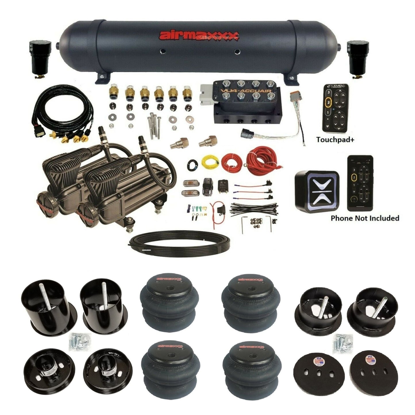 AccuAir e-Level+ Pressure VU4 dual x-series compressors aluminum tank 2600 bags air ride kit for 1963–1964 Cadillac KCAD63-X2B-57ABK-VU4EPT-WK-HF
