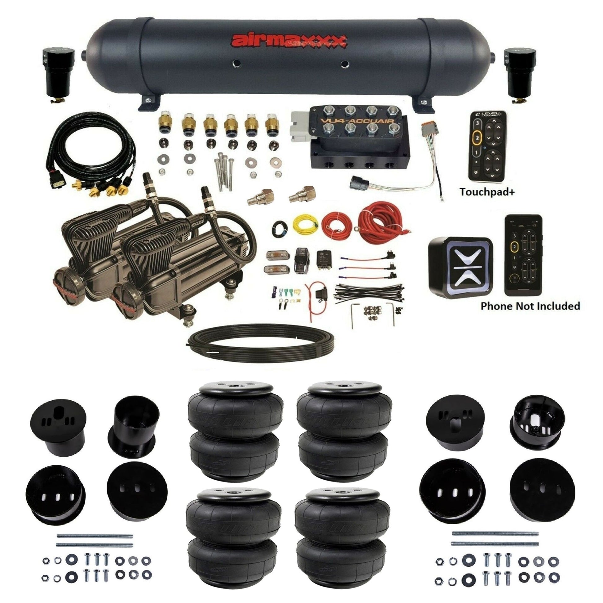 AccuAir e-Level+ Pressure VU4 dual x-series compressors aluminum tank airlift bags air kit for 1958–1960 Cadillac KCAD58-X2B-57ABK-VU4EPT-WK-HFD25